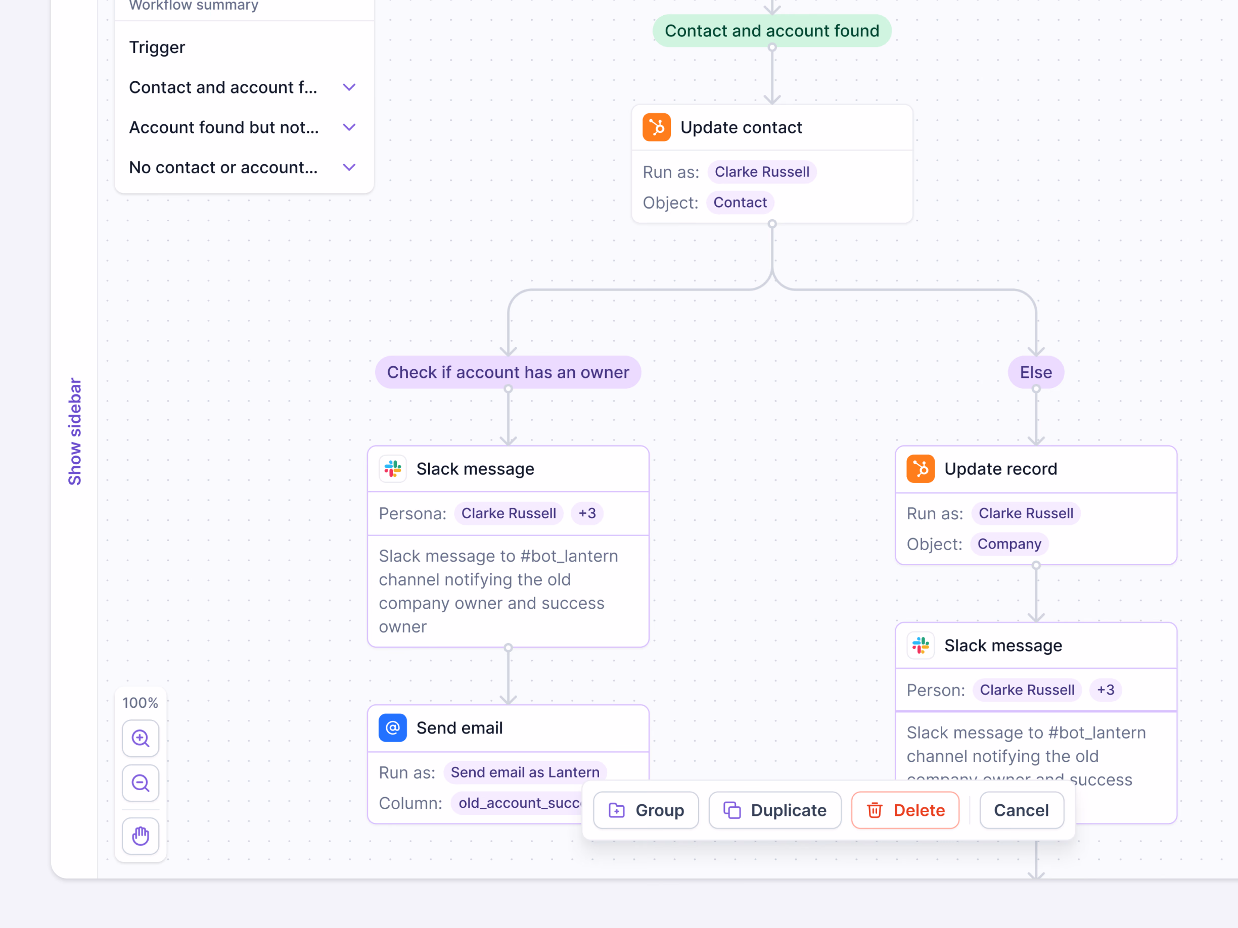 Bulk quick actions bar in Lantern workflow builder