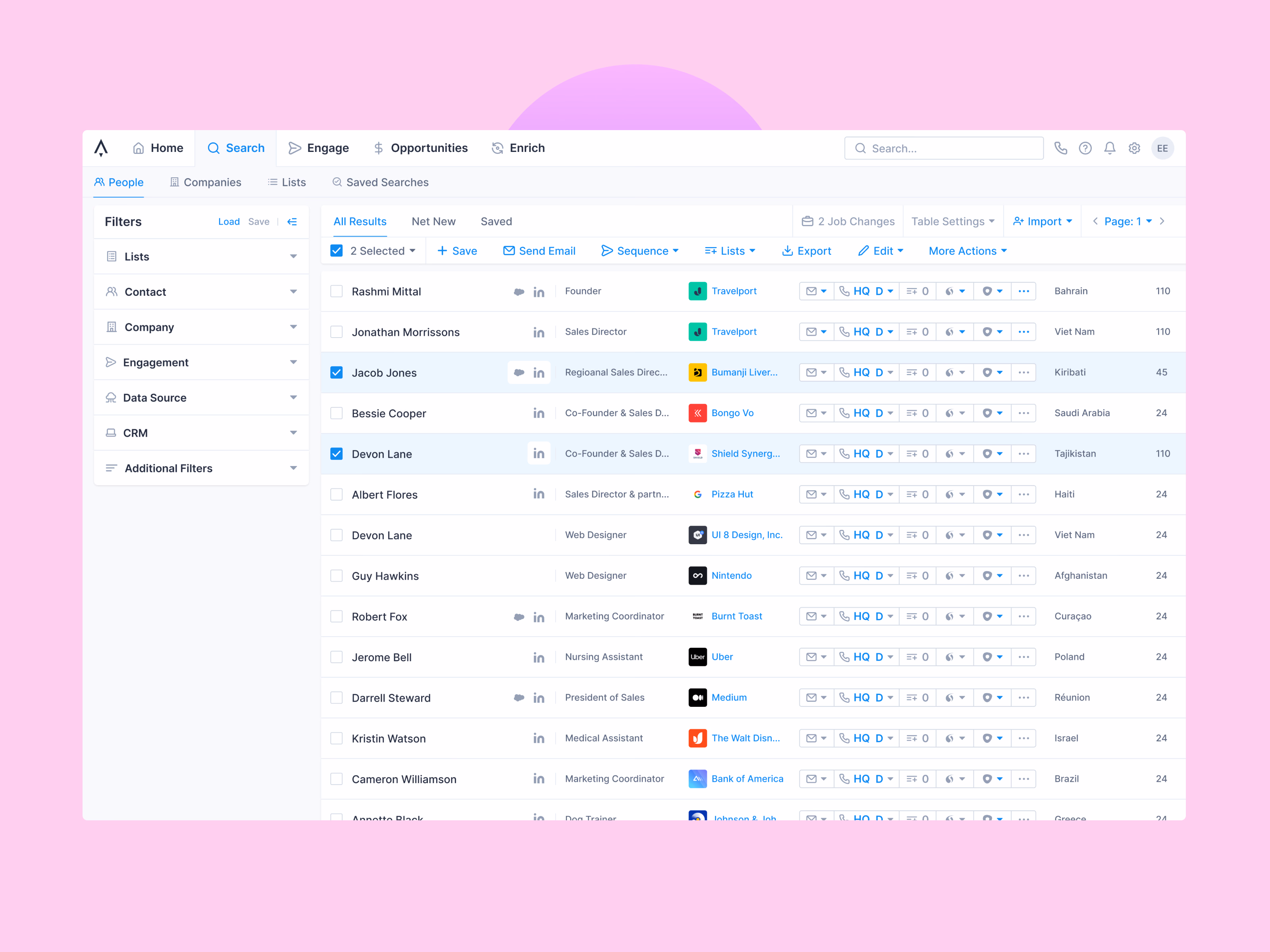 Search results with bulk actions in Apollo