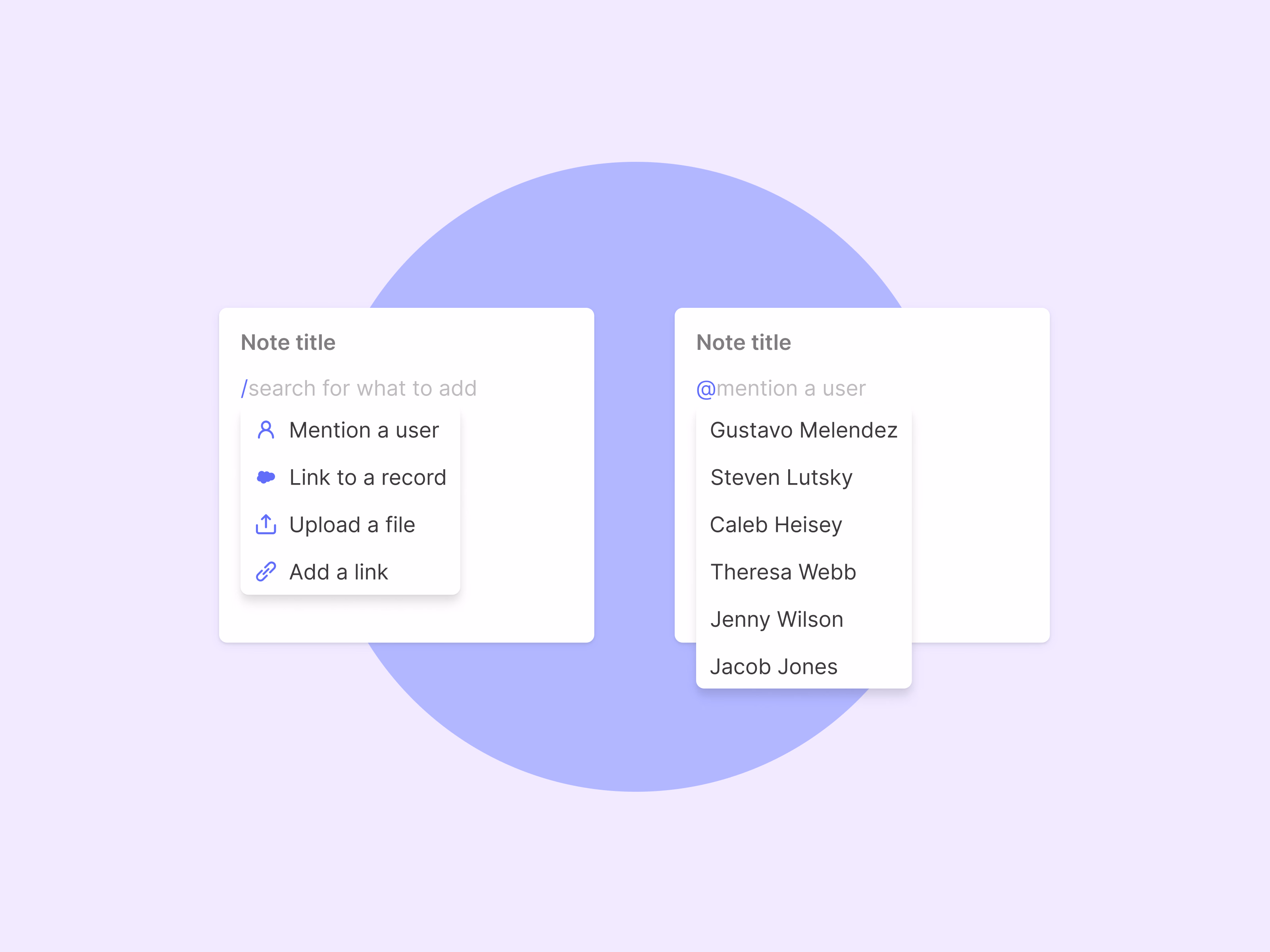 Slash command and mention menus in a note editor