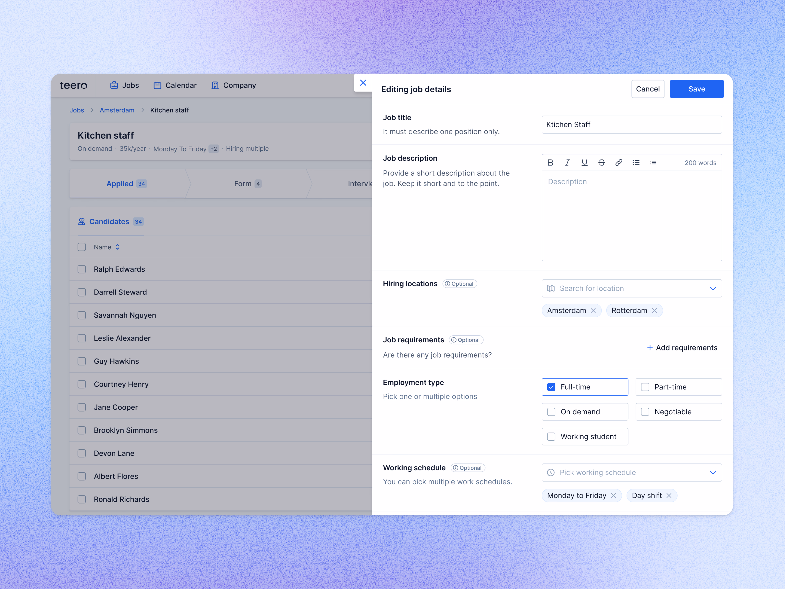 Quick job editing side panel in Teero