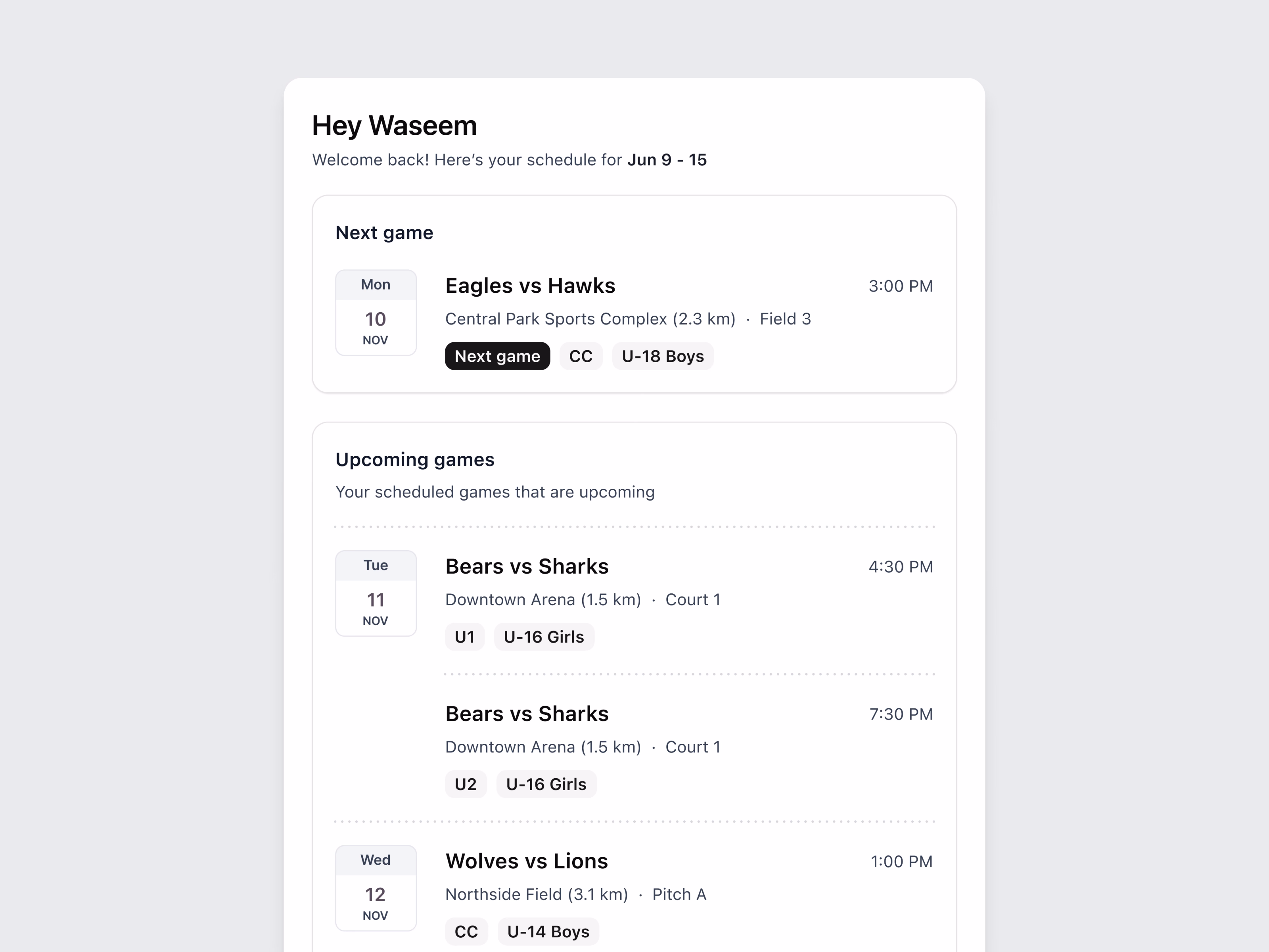 Upcoming games feed: the next game on top, then games with venue, distance, court, the official's role and age group