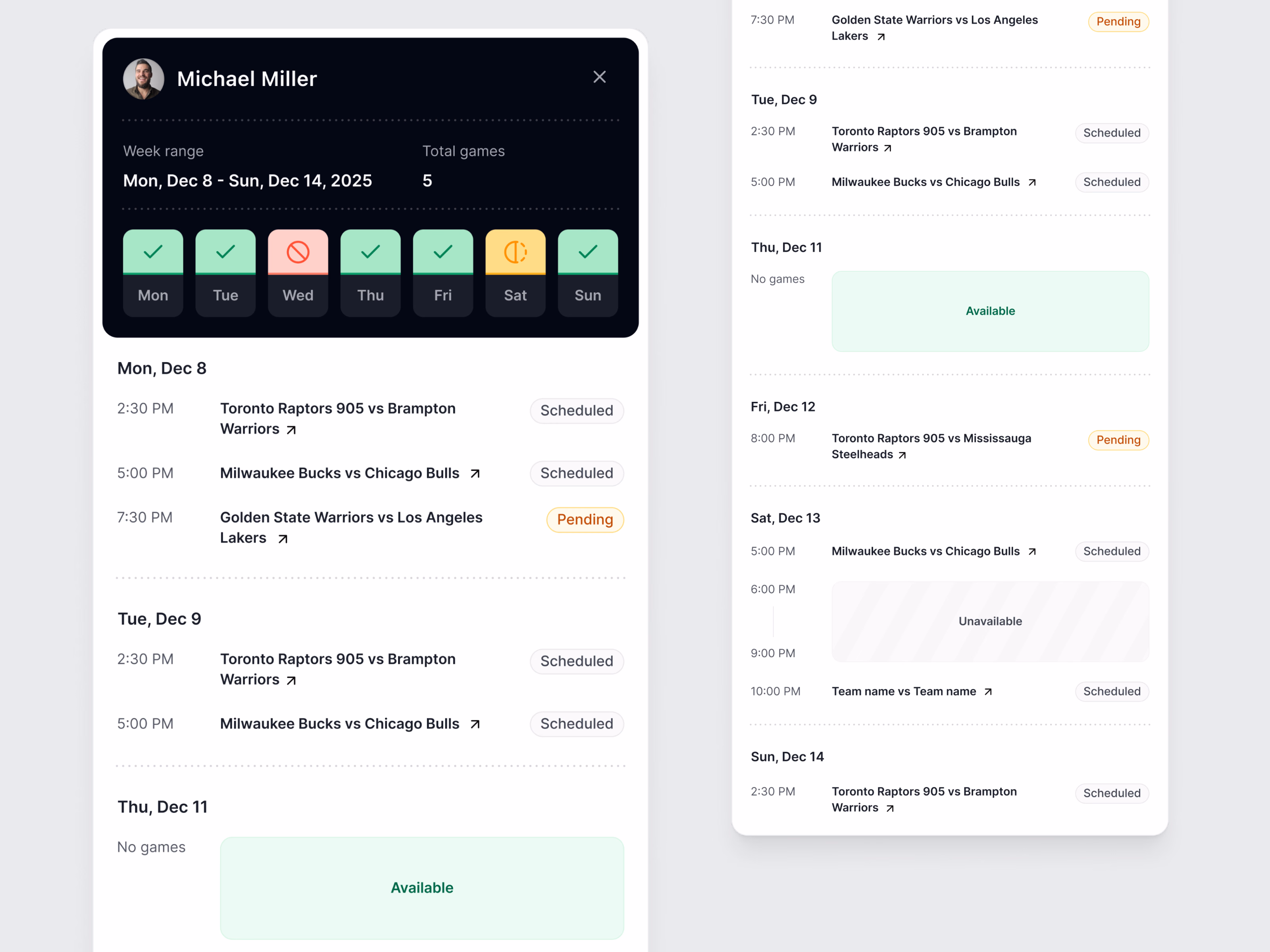 Referee weekly schedule and availability in EDGE