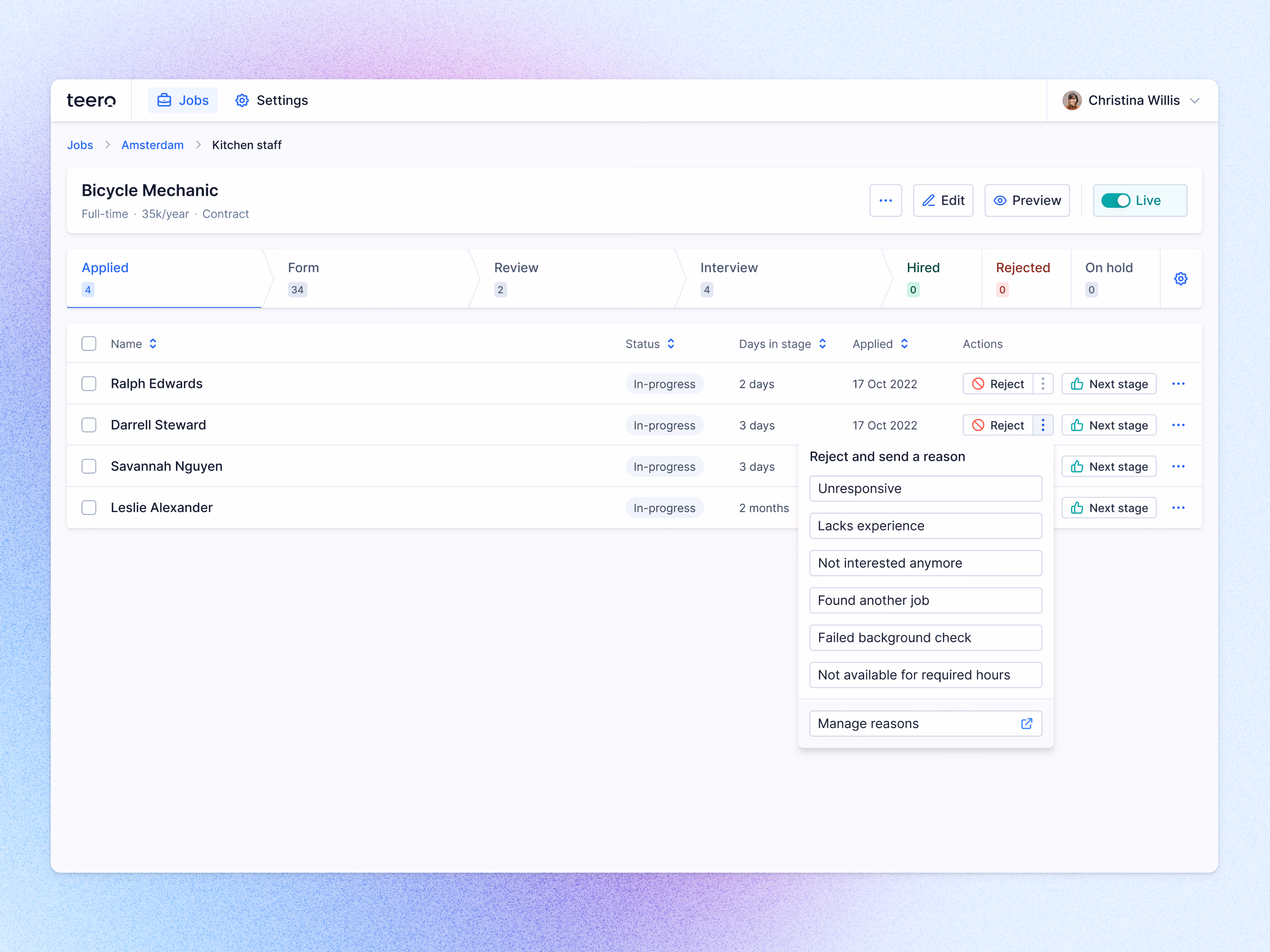 Candidate rejection reasons menu in Teero