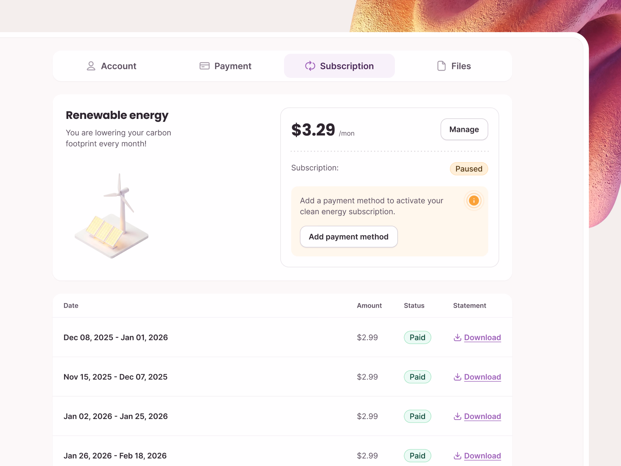 Paused renewable energy subscription in Public Grid