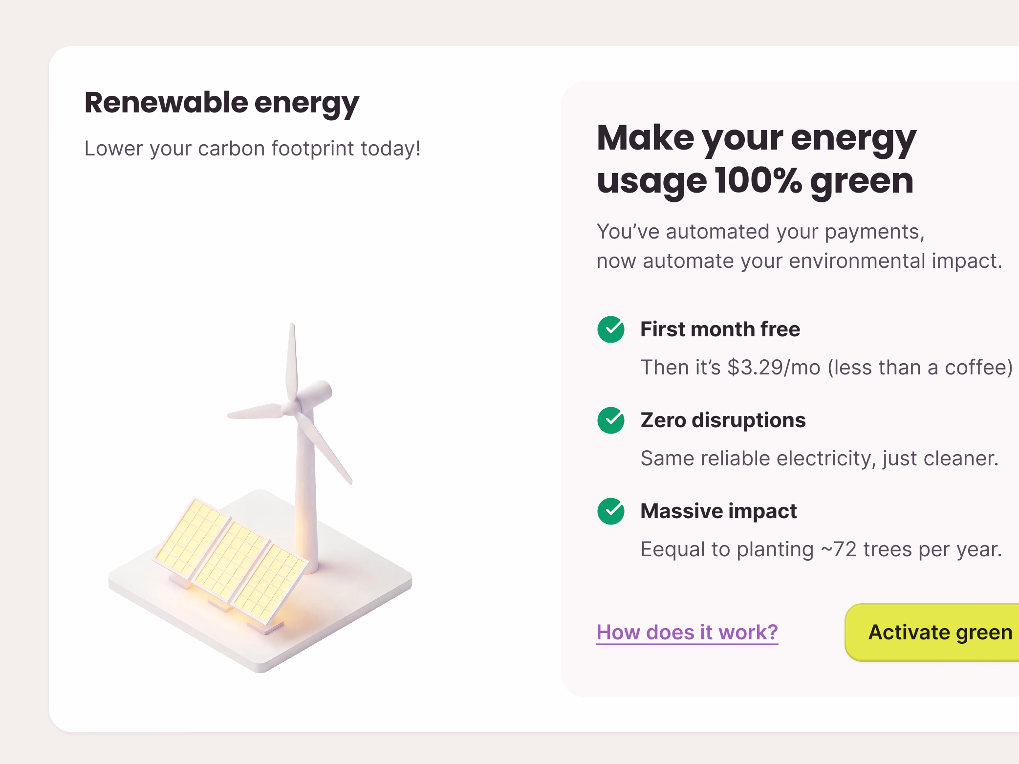 Renewable energy plan upsell card for Public Grid