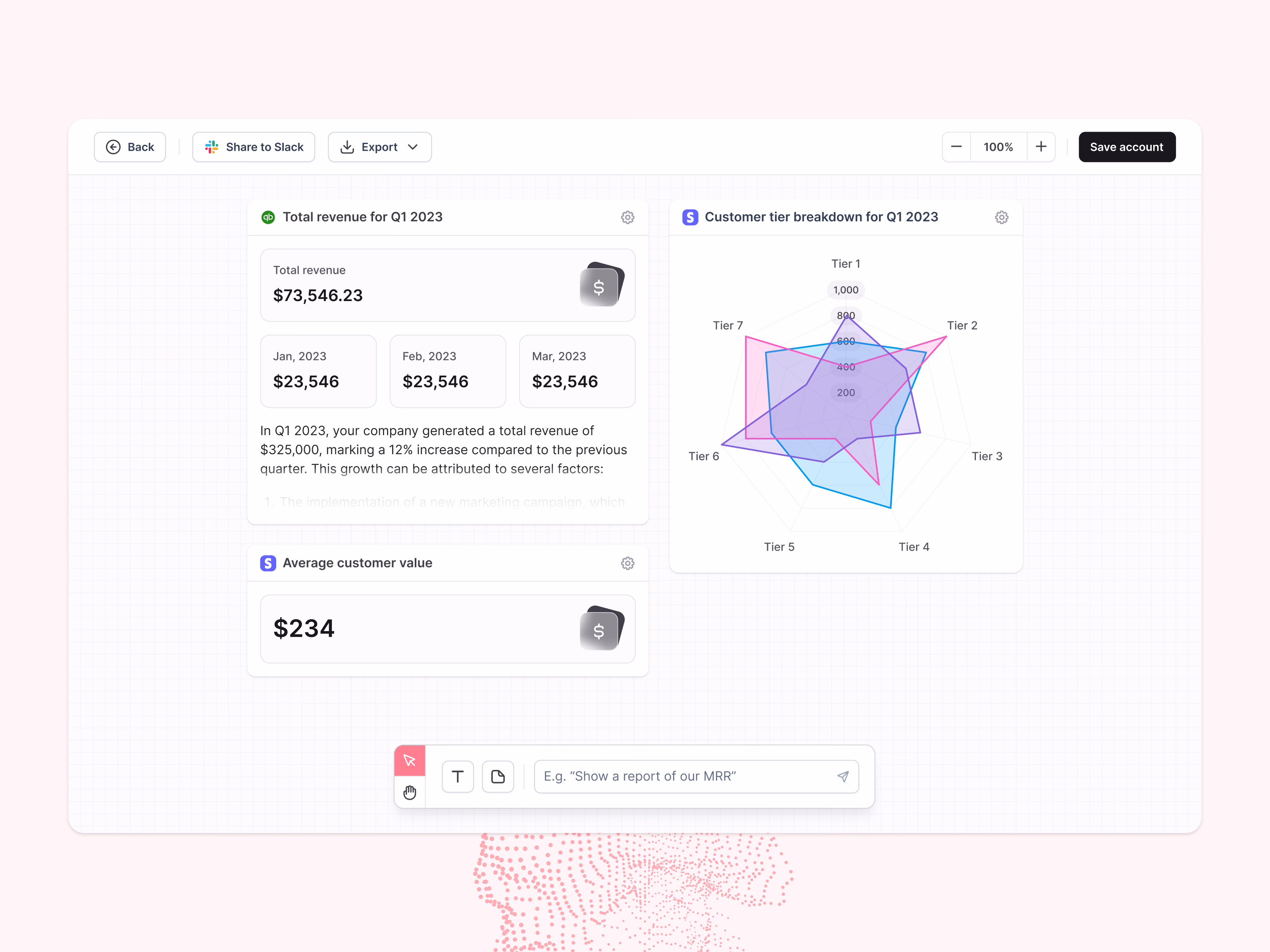 AI report canvas with widgets in Stealth AI