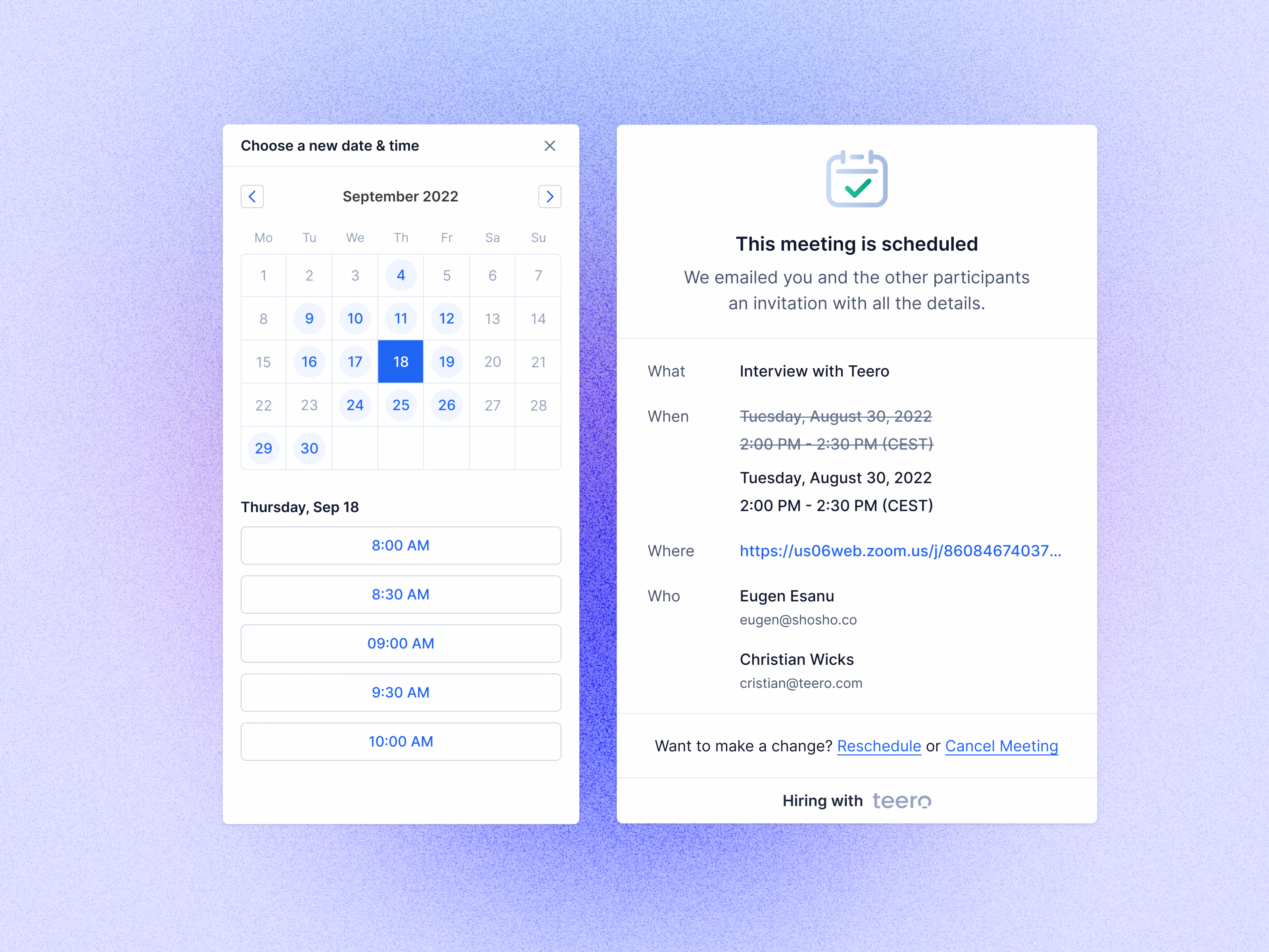 Mobile interview reschedule flow for Teero candidates