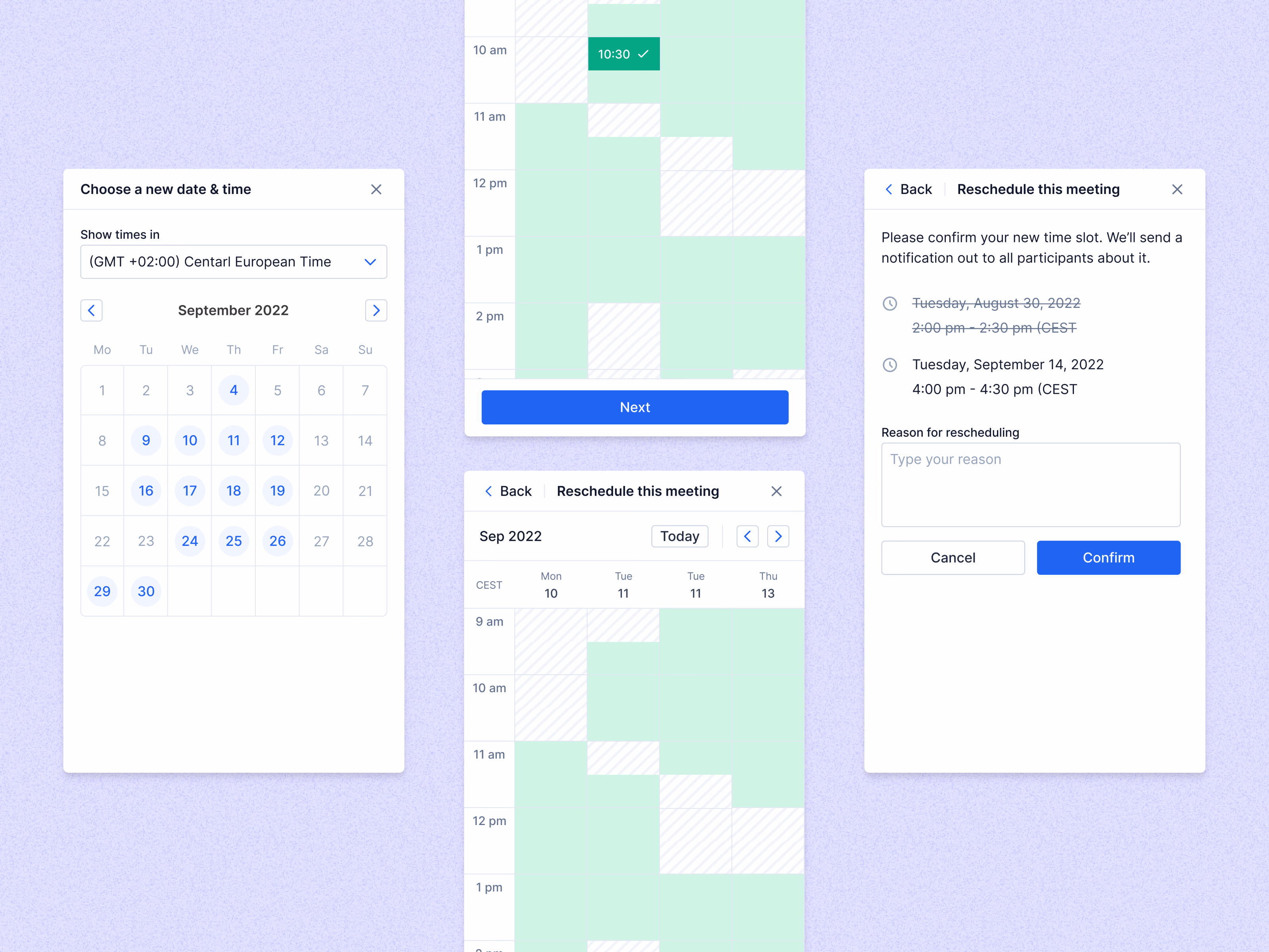 Meeting reschedule confirmation steps on mobile in Teero
