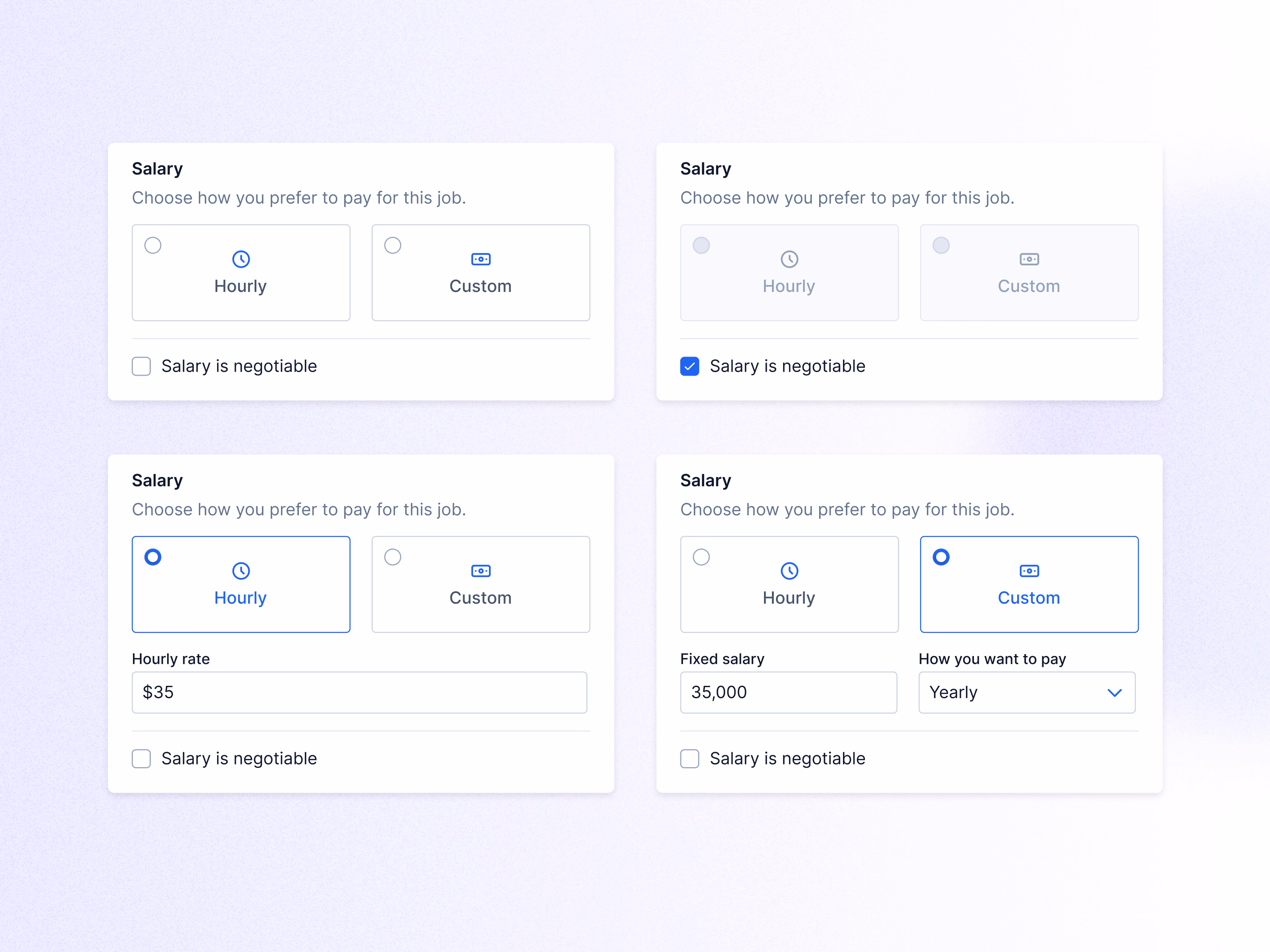 Salary input states for Teero job form