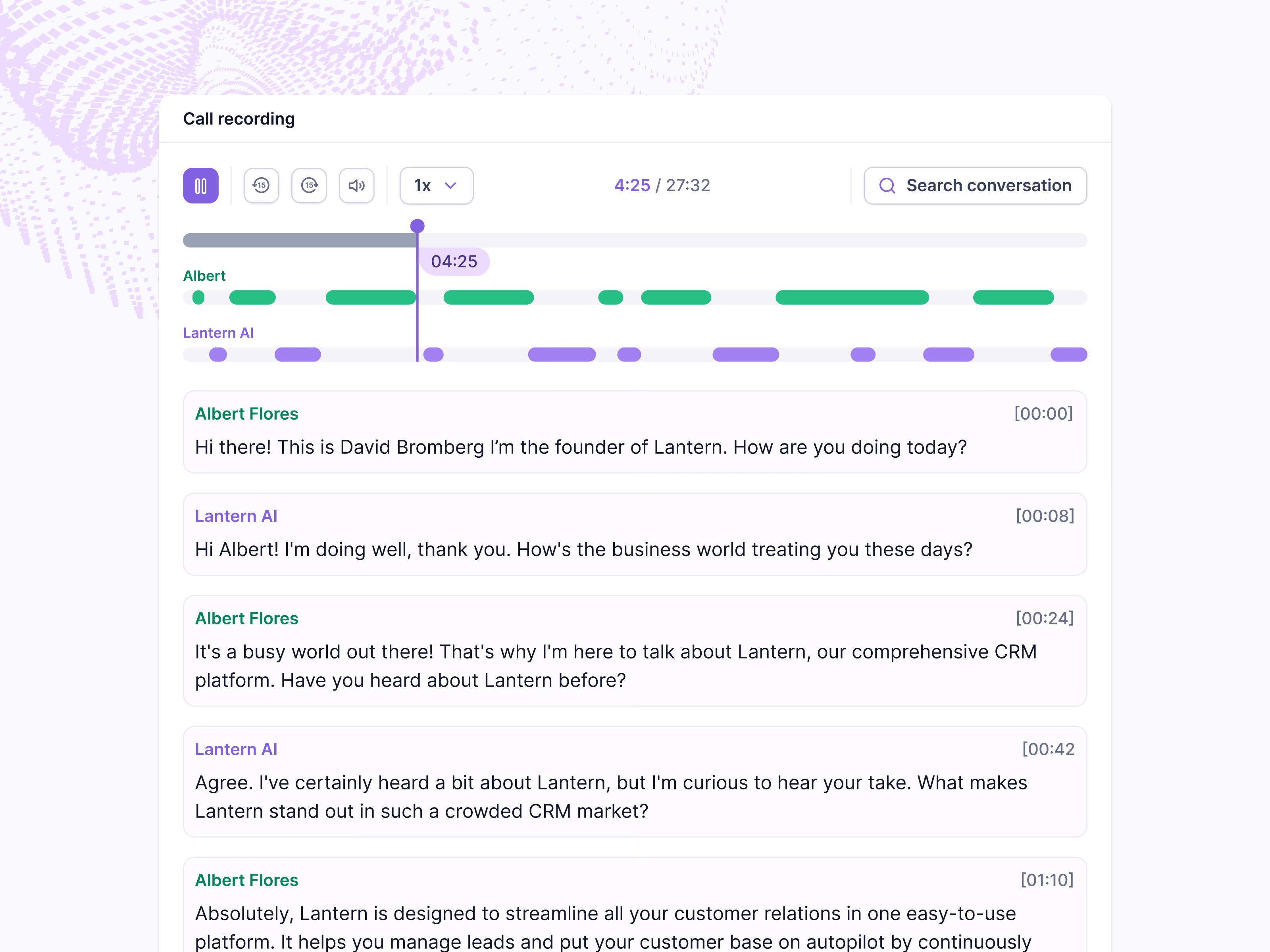 AI sales call transcript player in Lantern