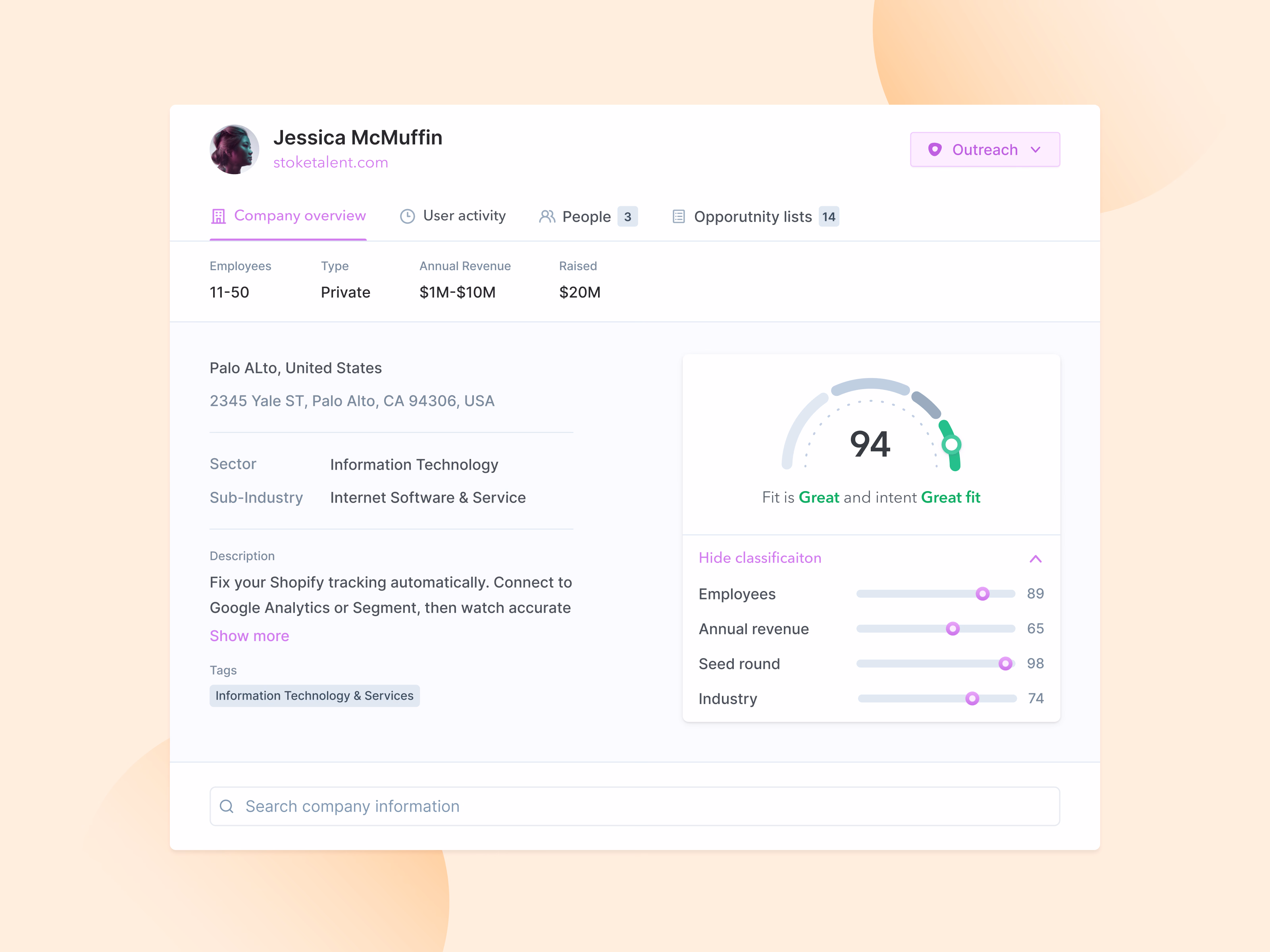 Company fit score overview in a sales tool