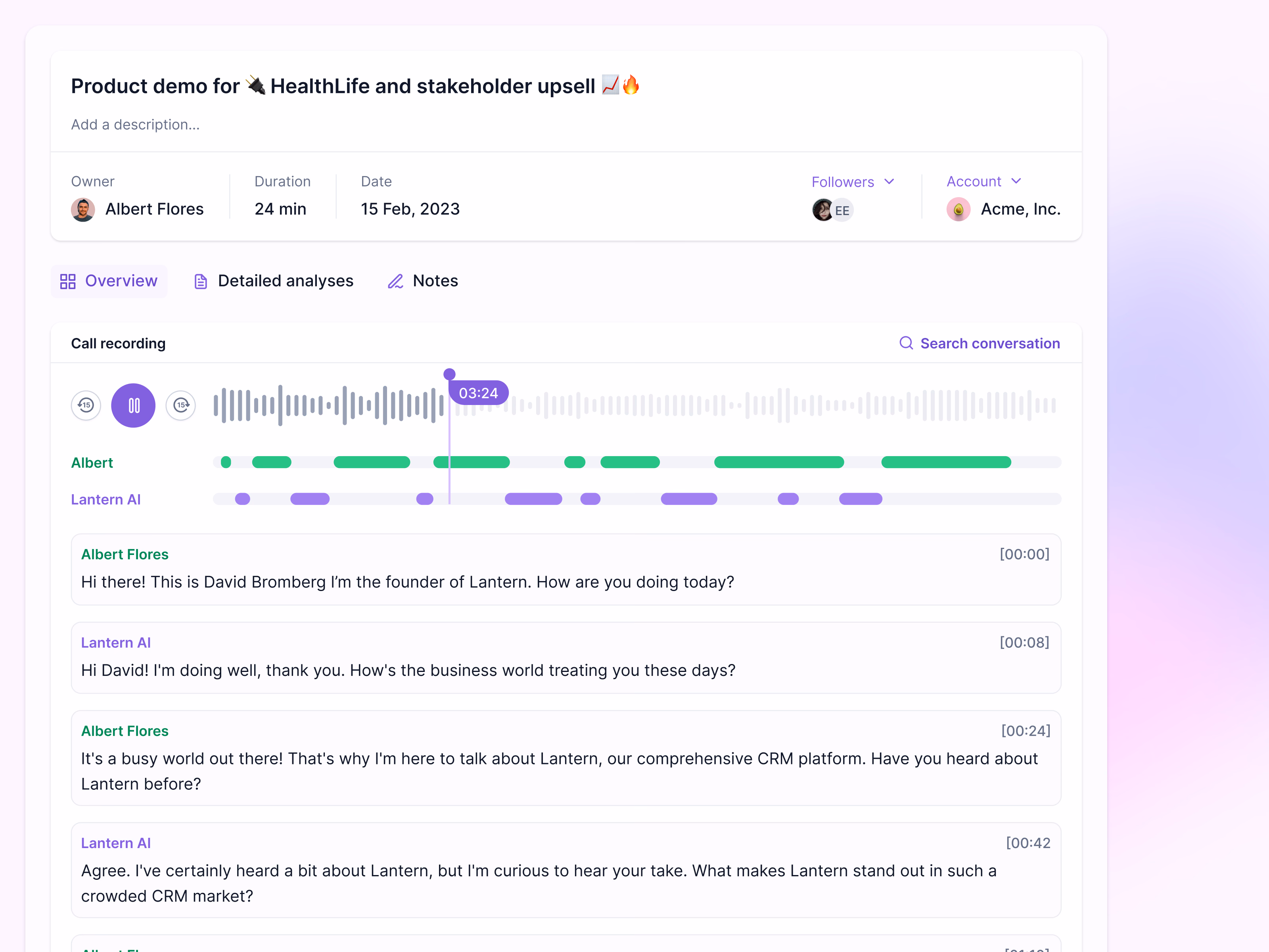 Sales rep AI call training review in Lantern