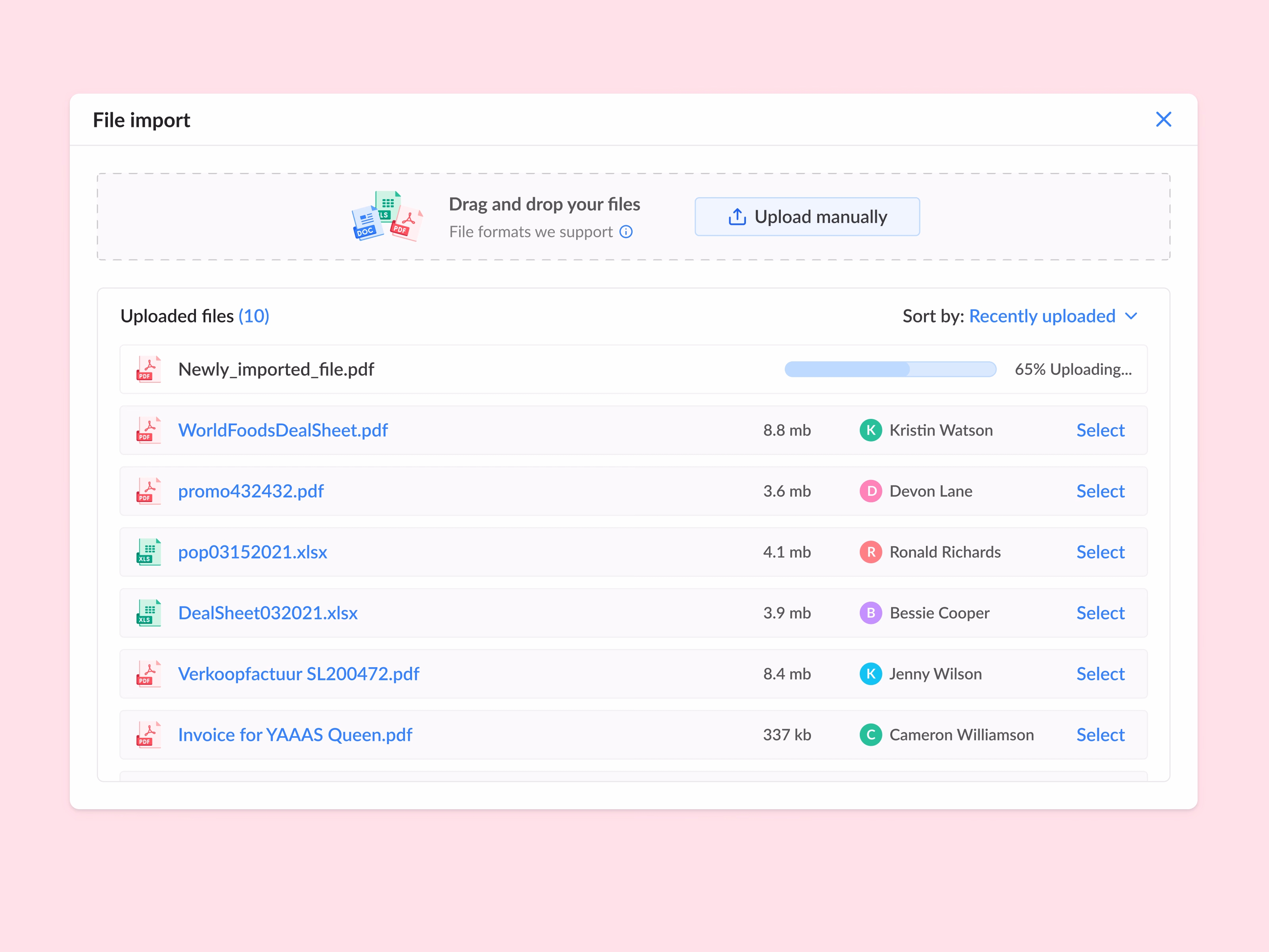 File import modal for a Salesforce add-on