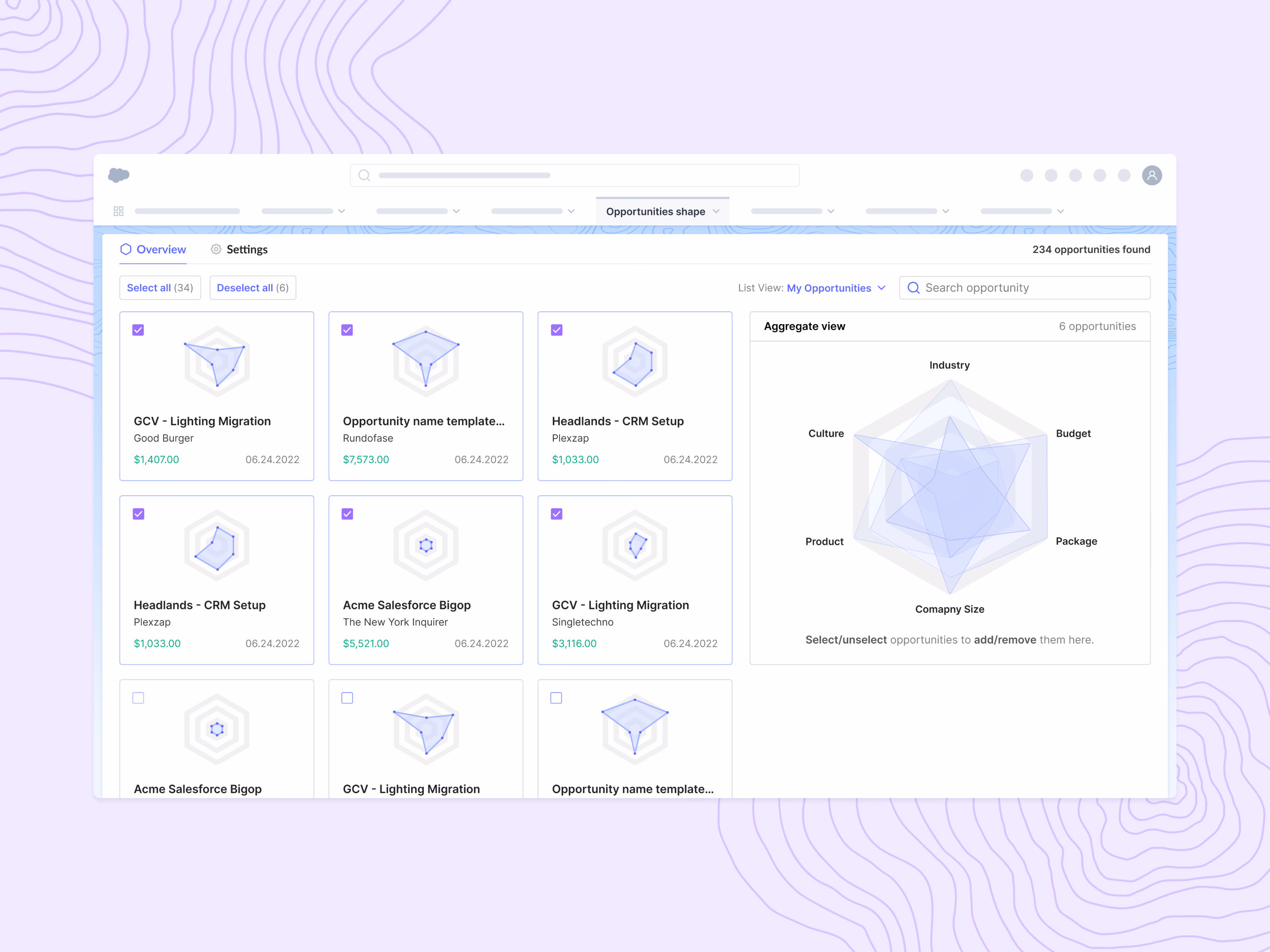 Opportunity shape aggregate radar view in Salesforce