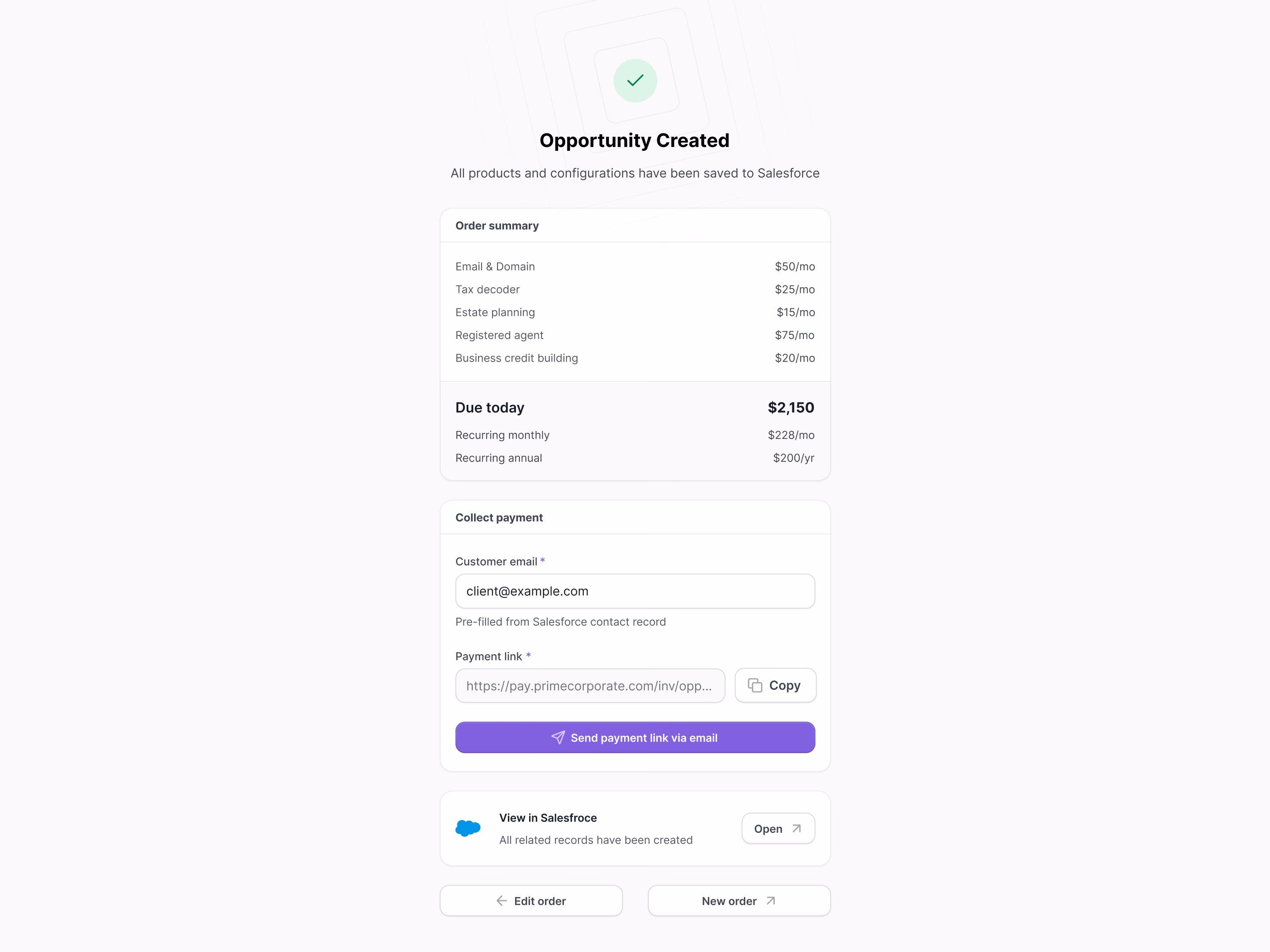 Order summary after creating a Salesforce opportunity