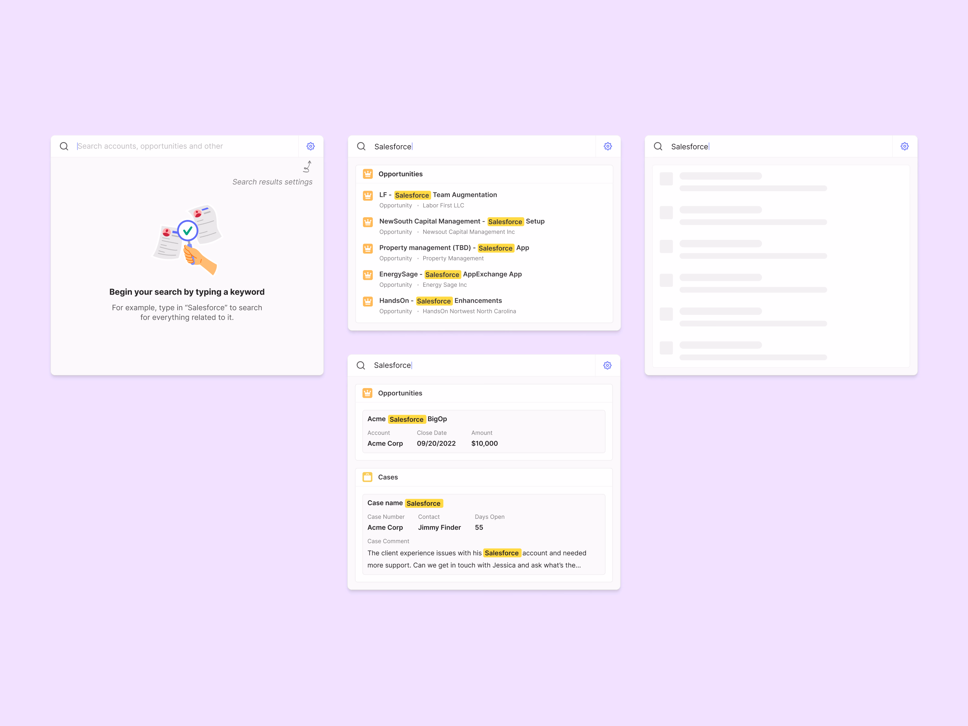 Search results states for a Salesforce add-on
