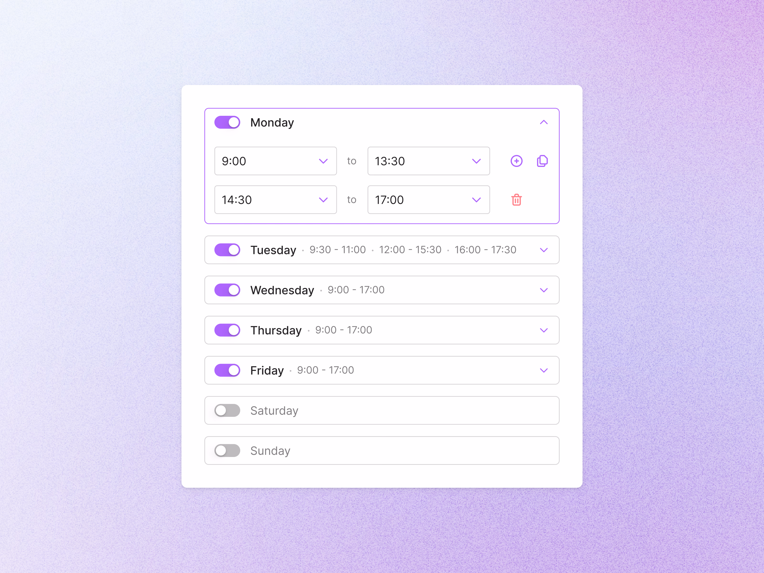 Weekly availability schedule editor for Teero