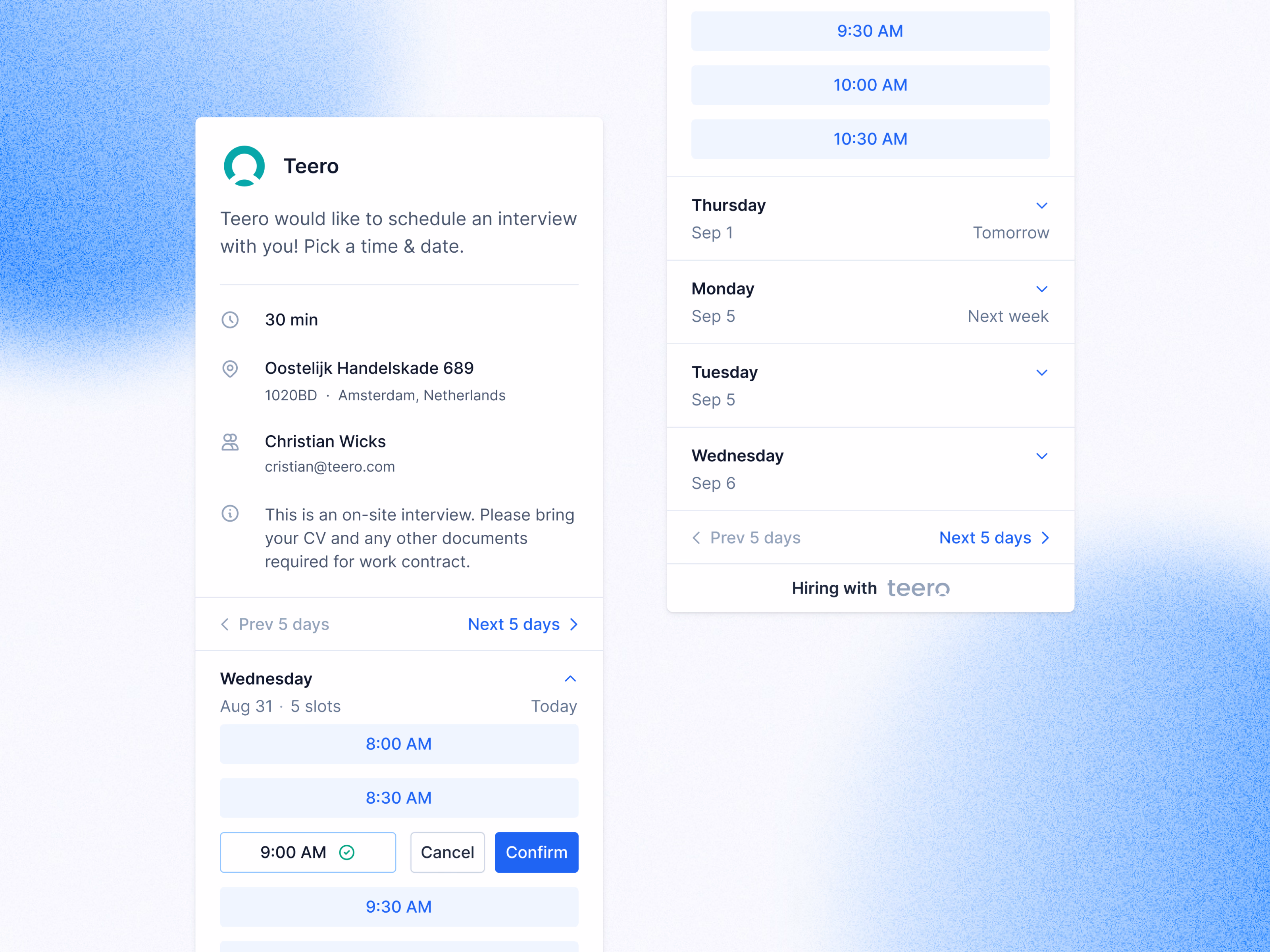 Interview booking page with a day list for Teero