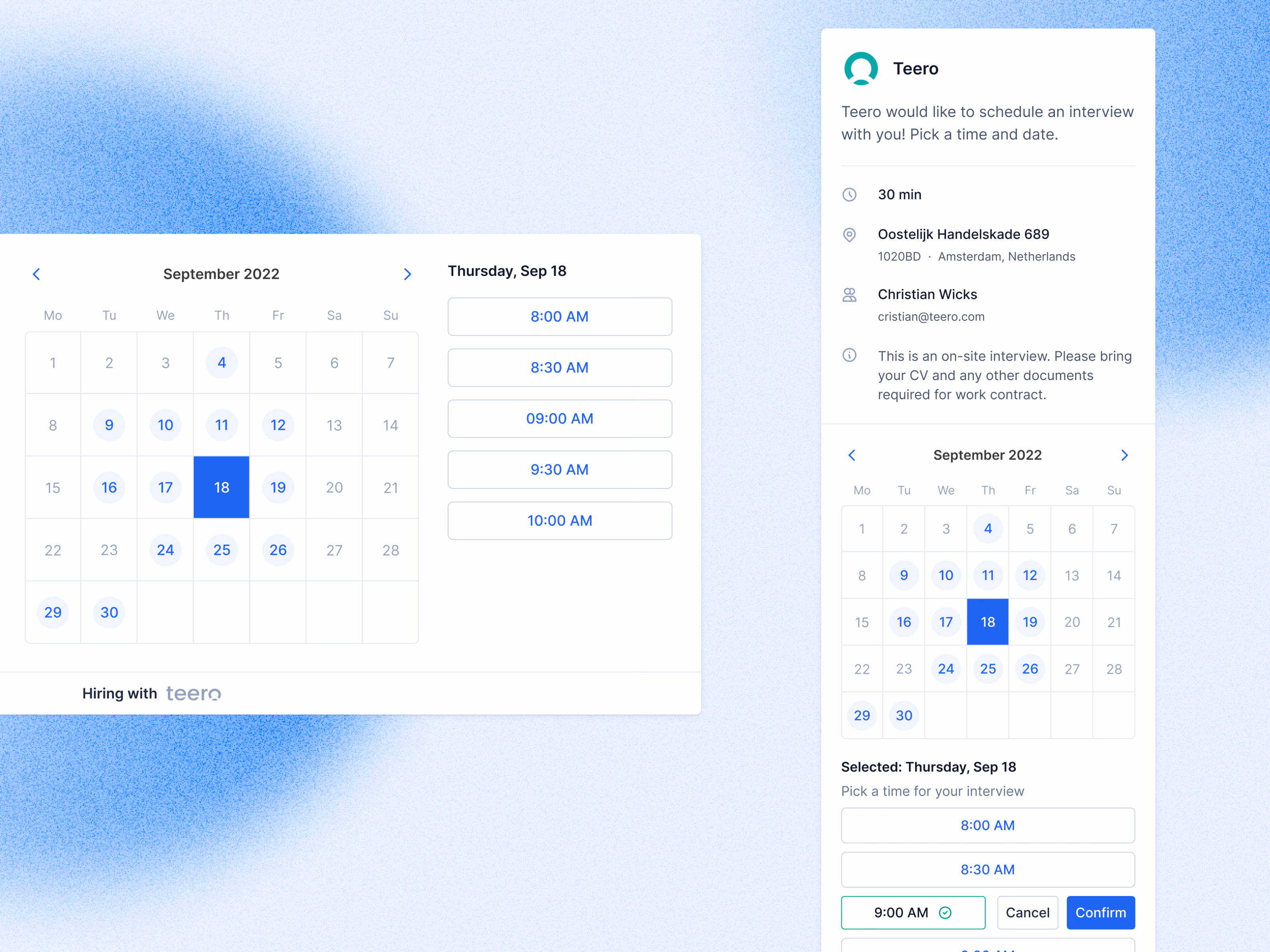 Interview time slot booking on desktop and mobile in Teero