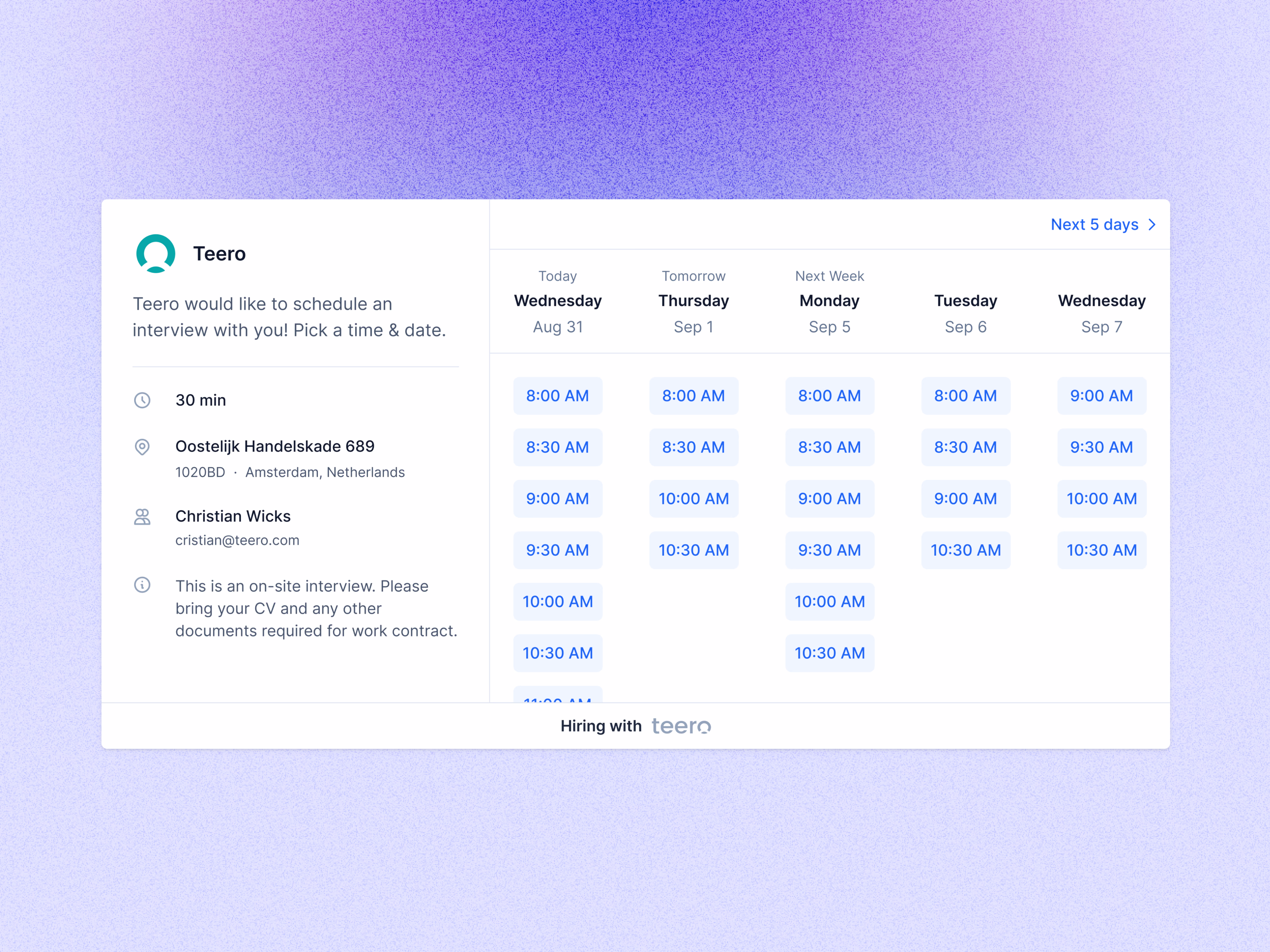 Five-day interview booking page for Teero