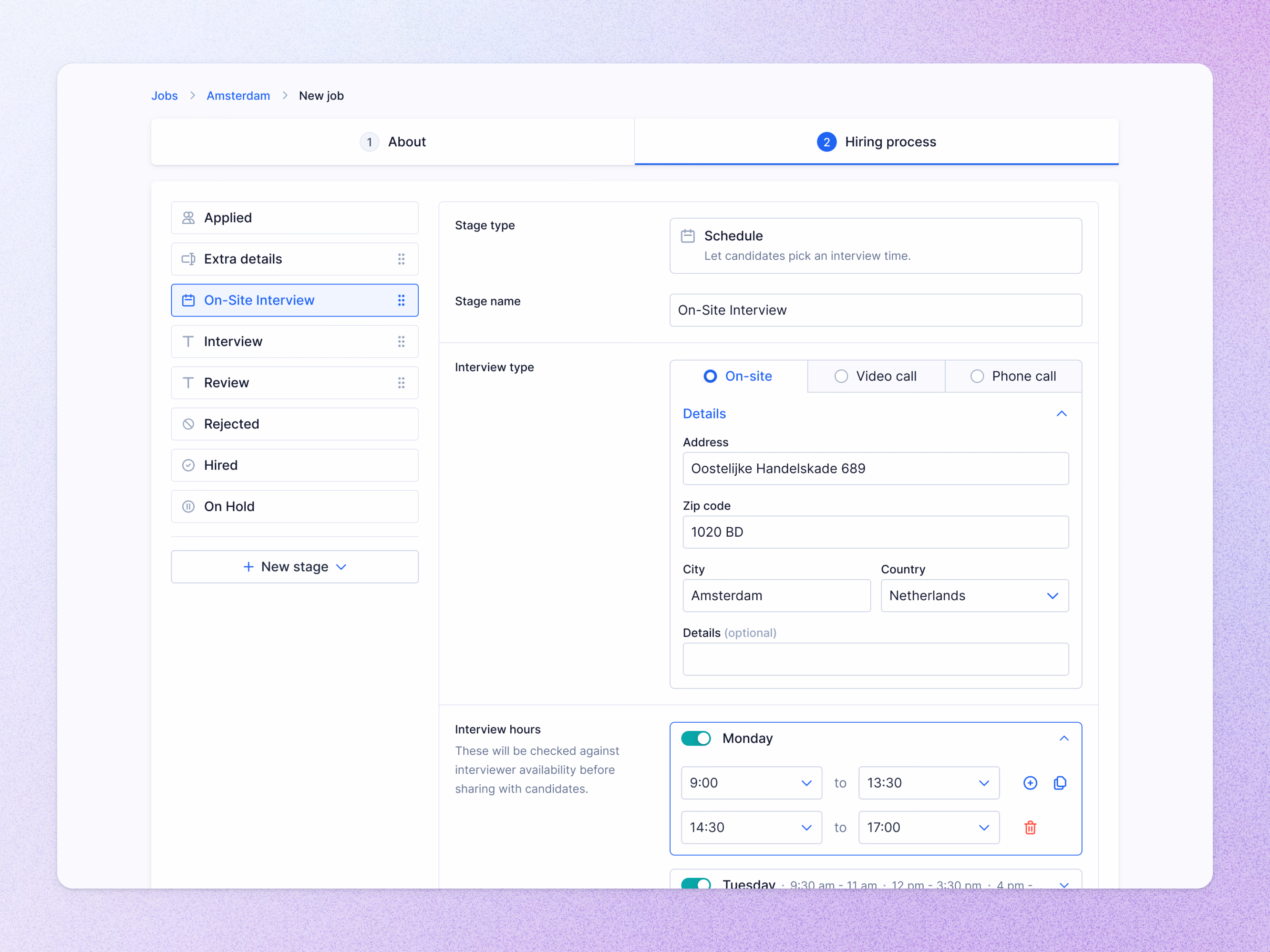 Interview scheduling stage setup for a hiring pipeline