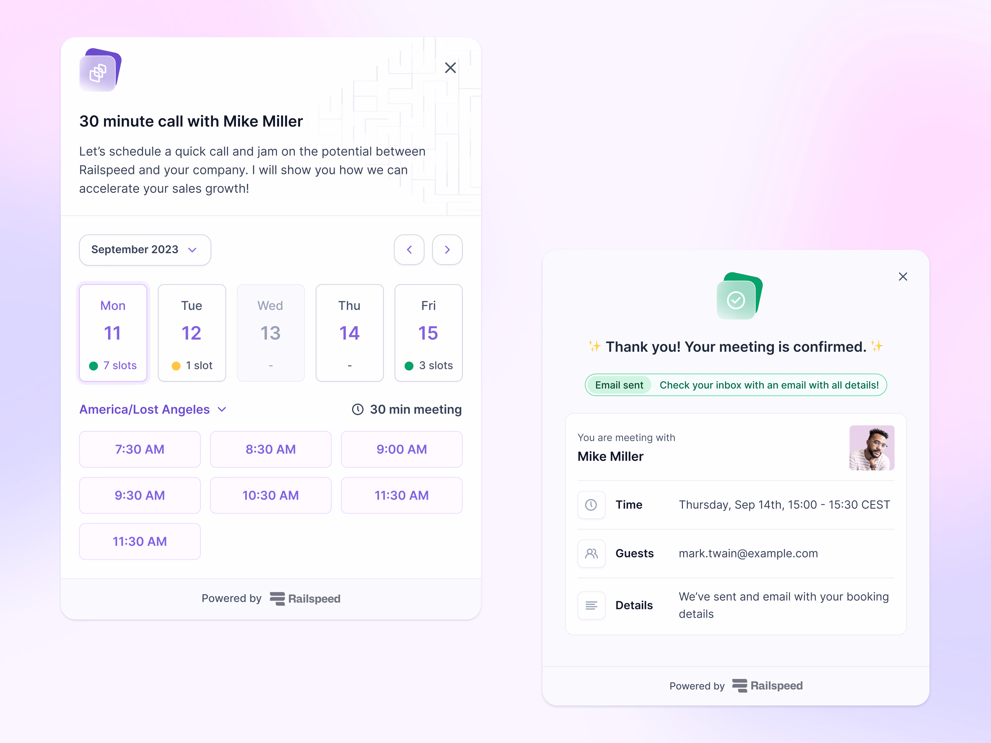 Meeting scheduler booking card and confirmation for Lantern