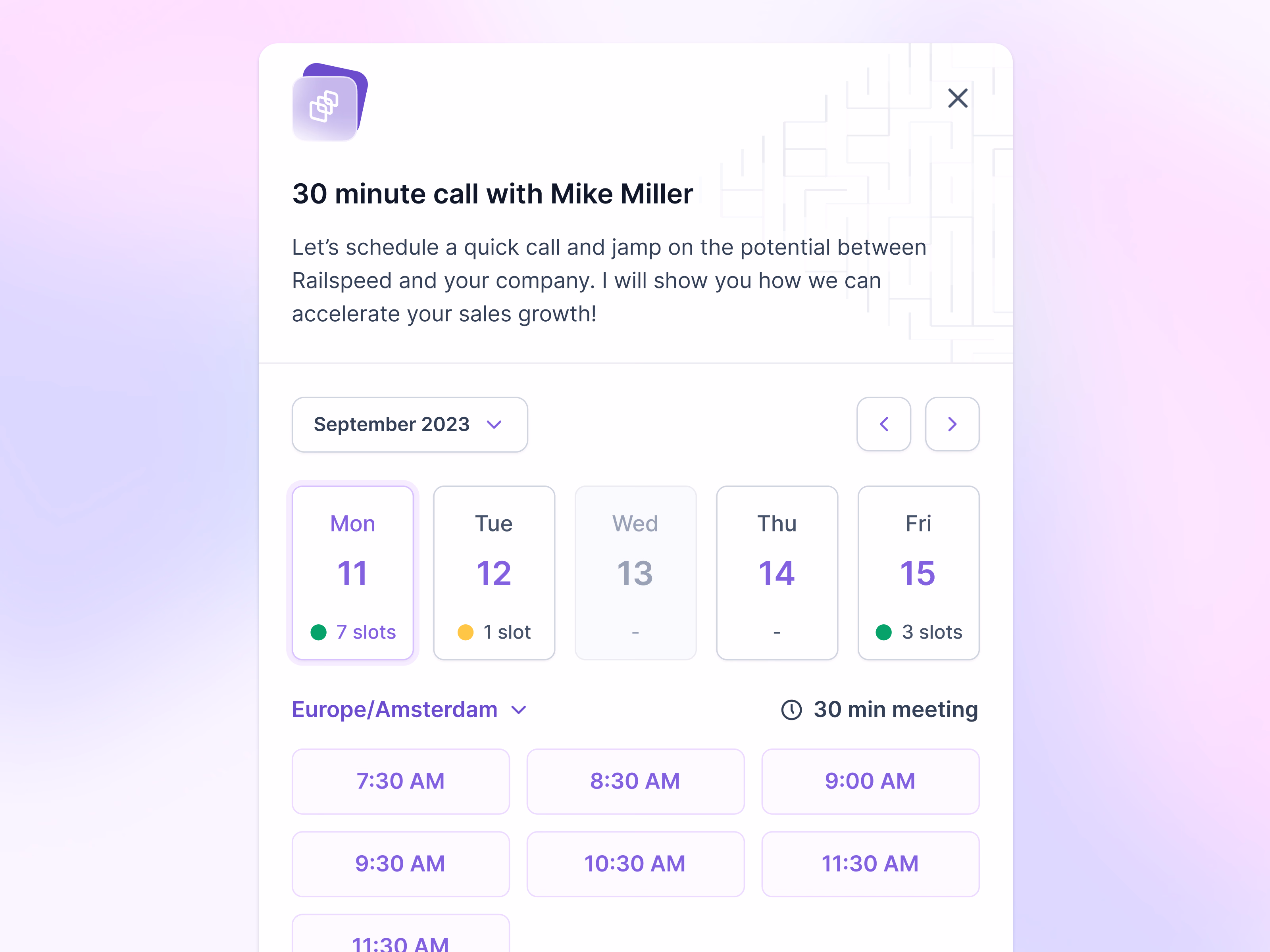 Meeting booking card with weekday slots for Lantern