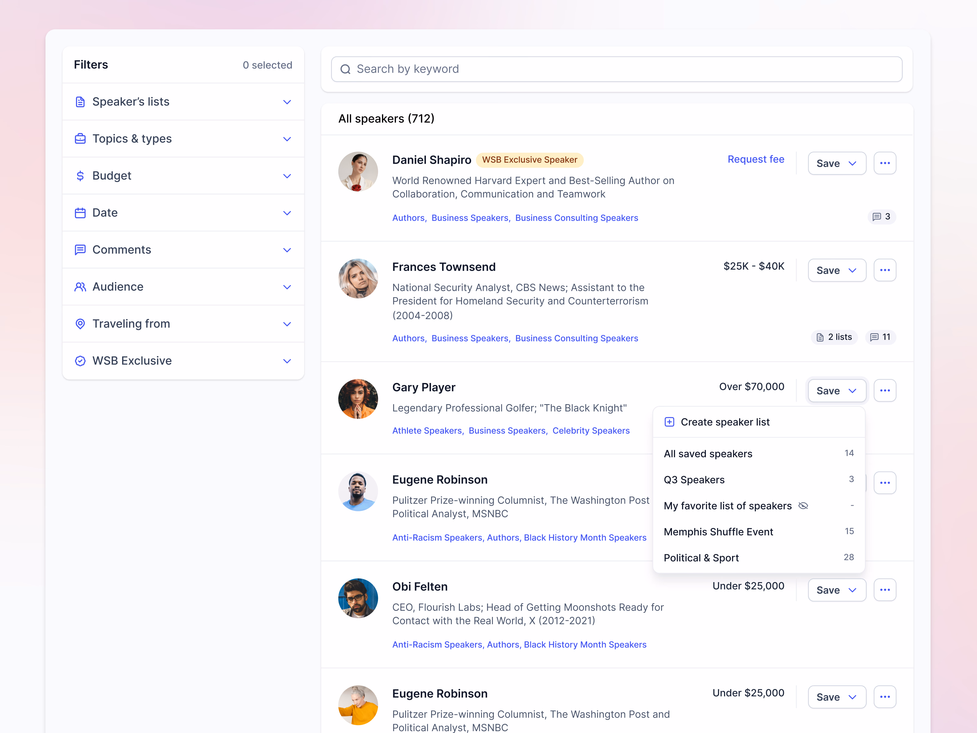 Speaker search results with filters for a booking directory