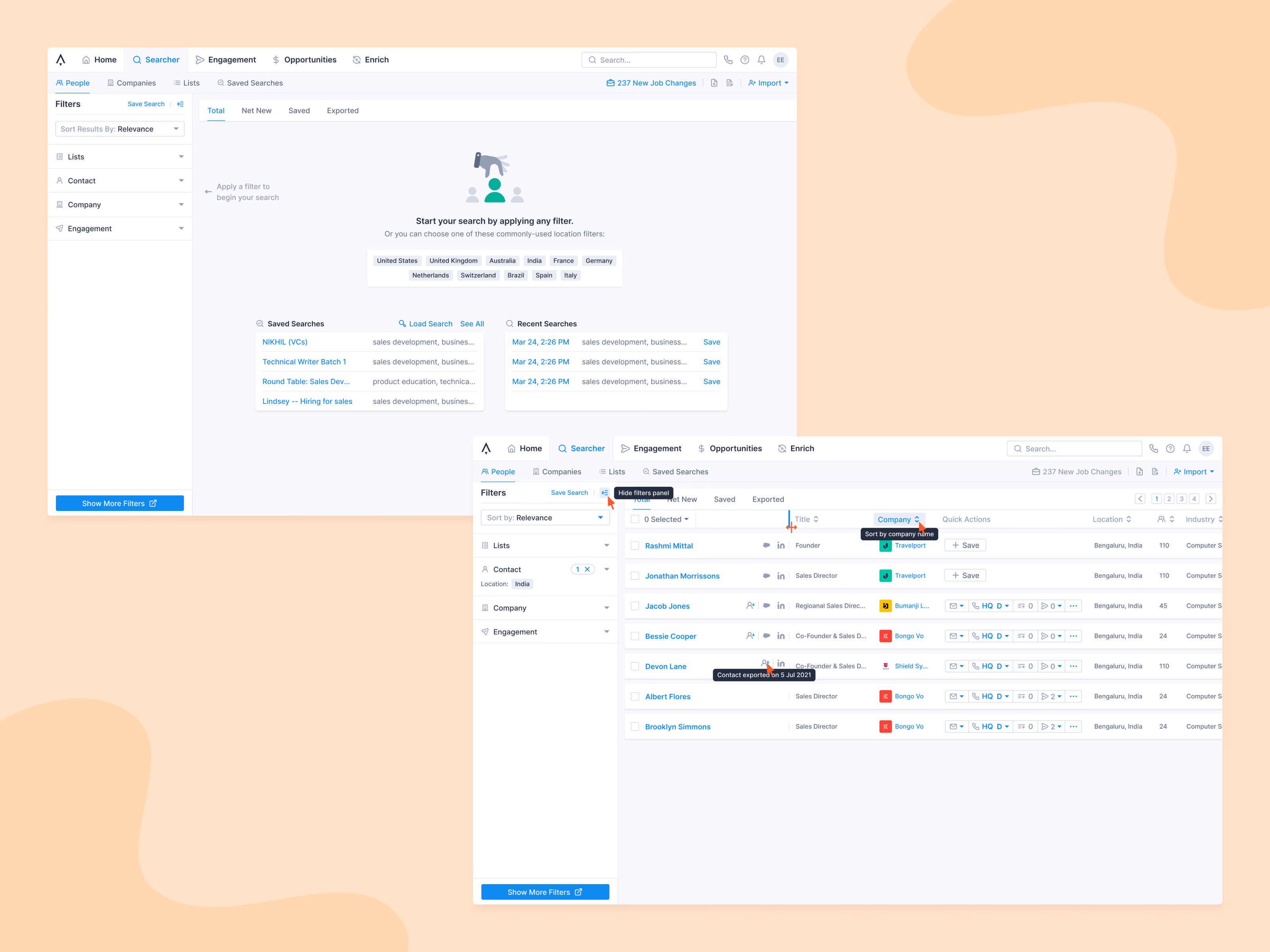 People search hover states and tooltips in Apollo