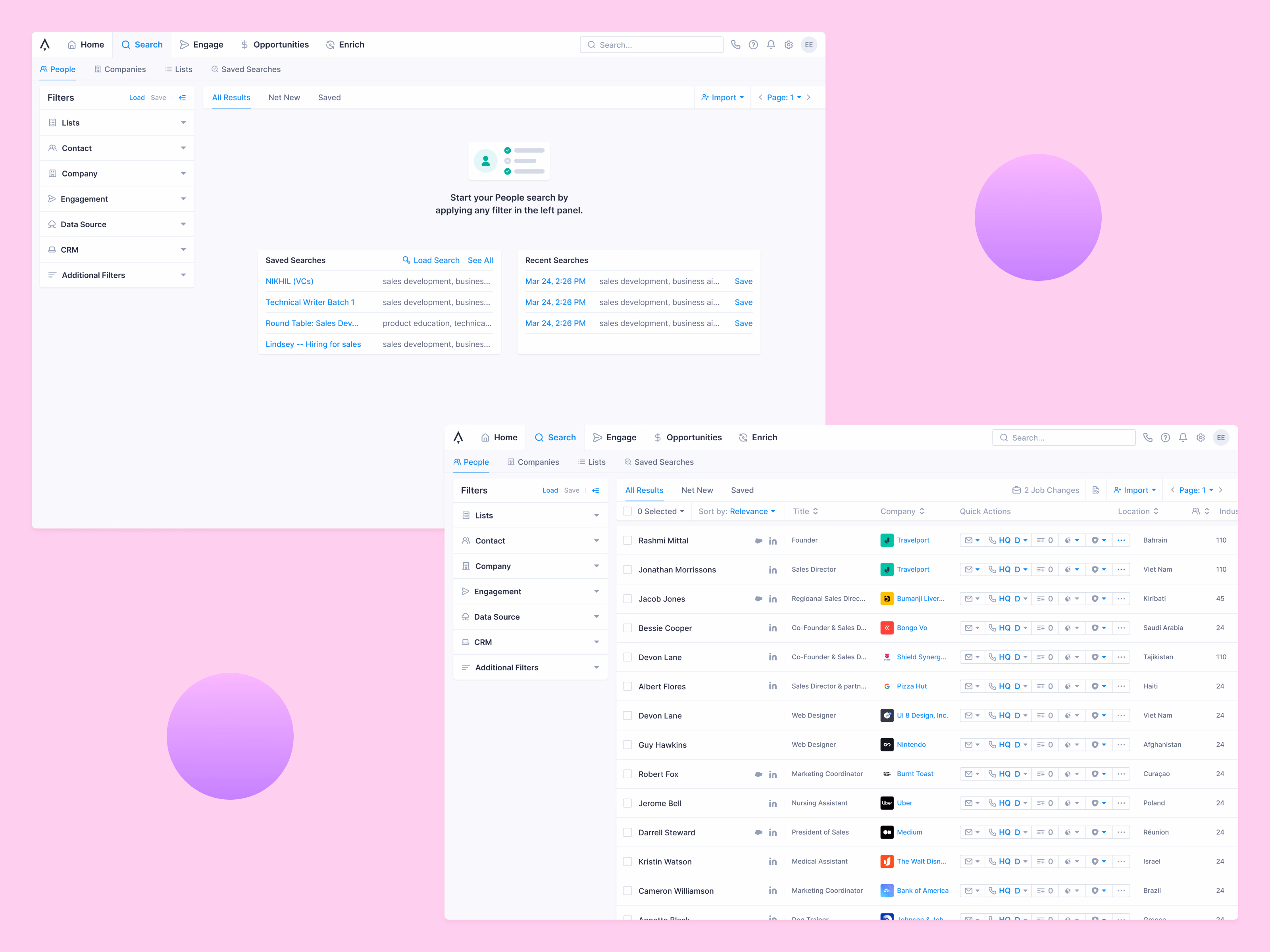 People search empty state and results table in Apollo