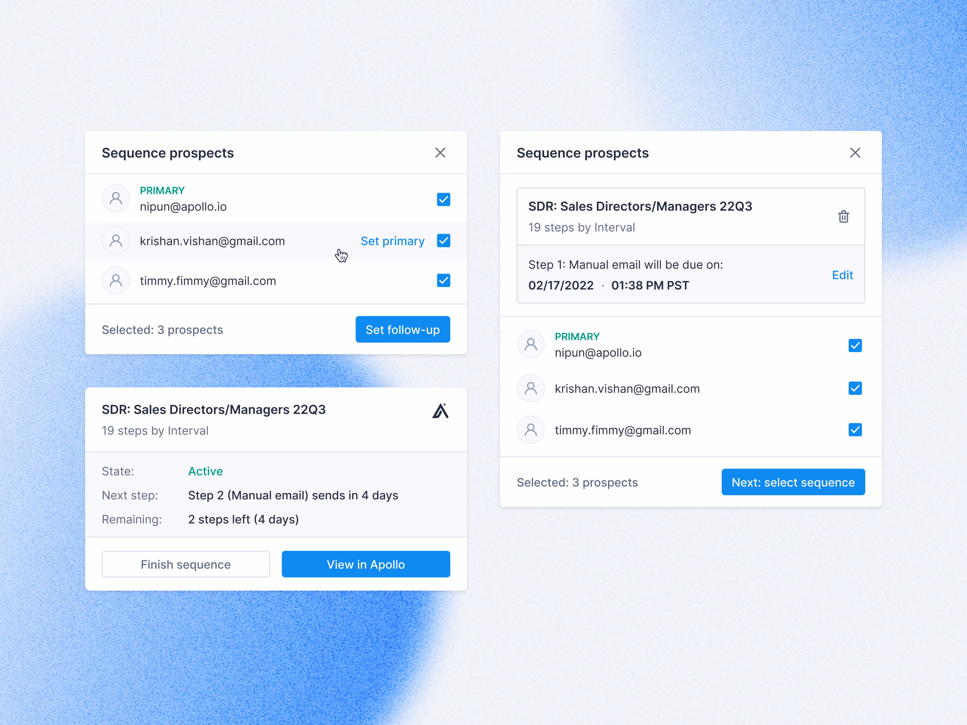 Prospect picker and sequence status cards for Apollo