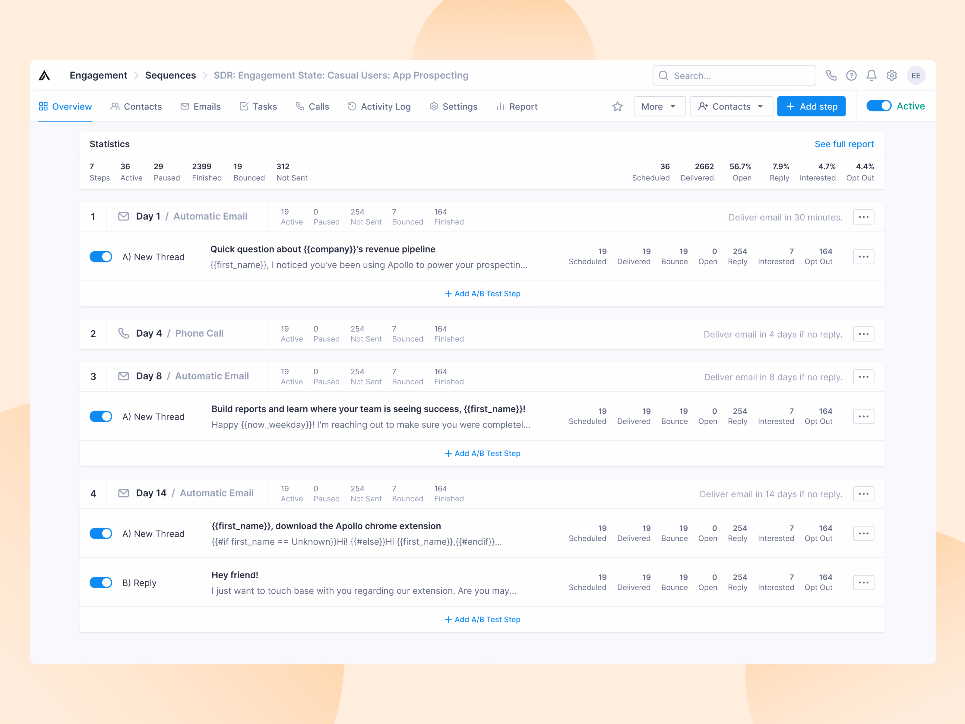 Multi-step email sequence overview in Apollo
