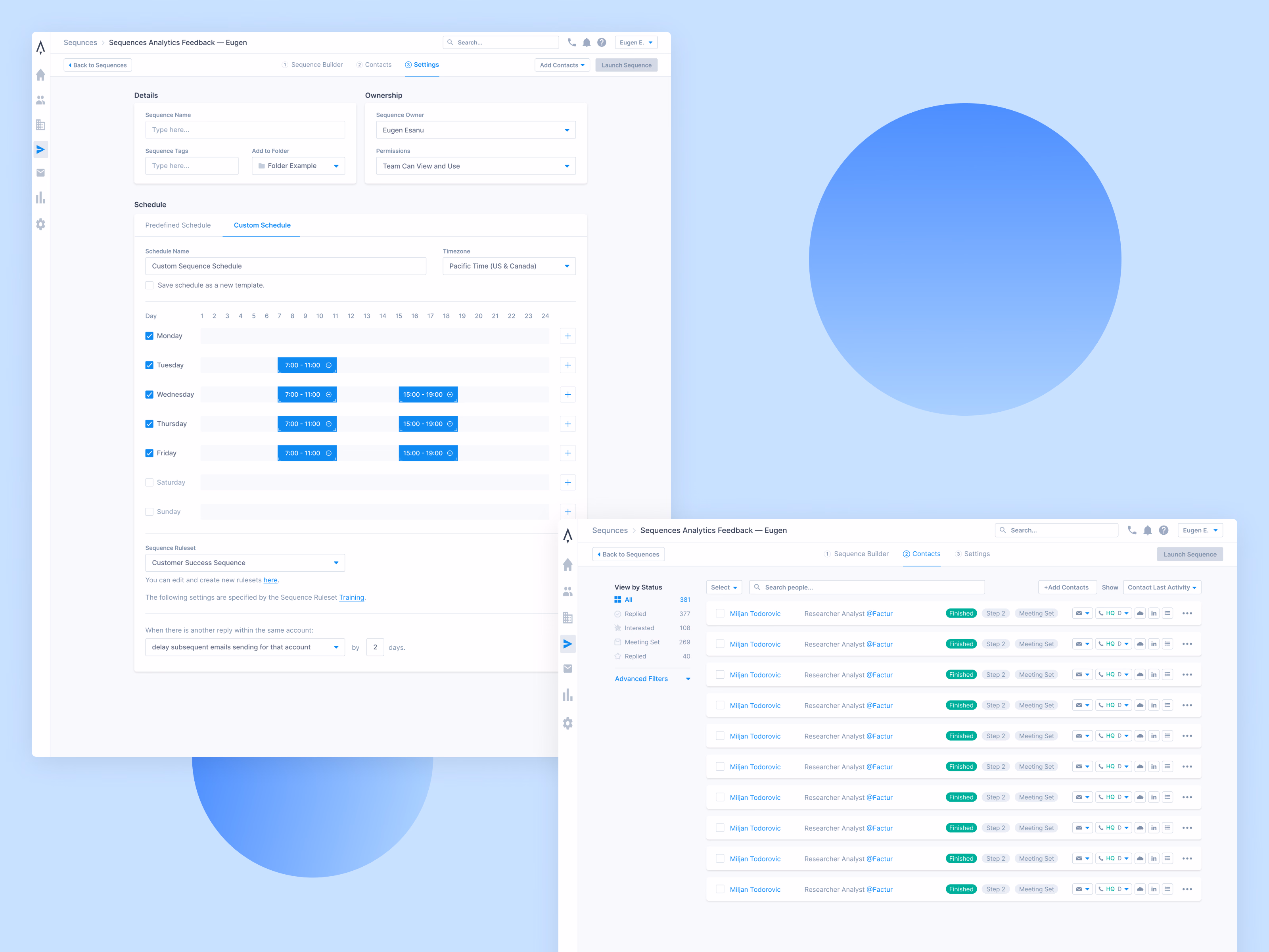 Sequence settings and schedule draft for Apollo
