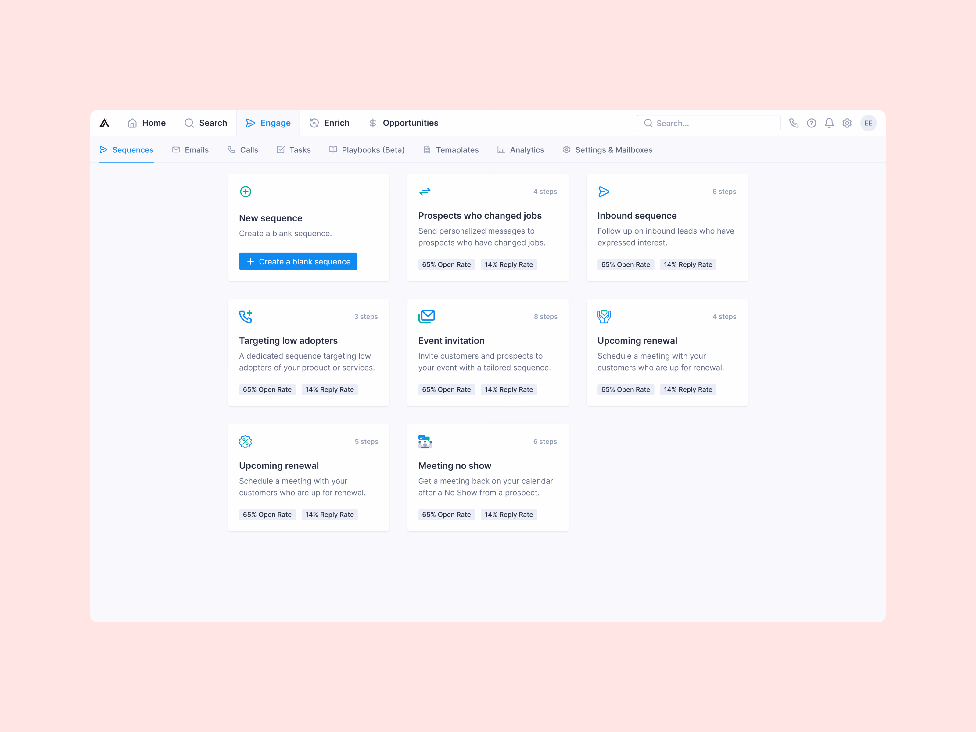 Sales sequence template gallery exploration in Apollo