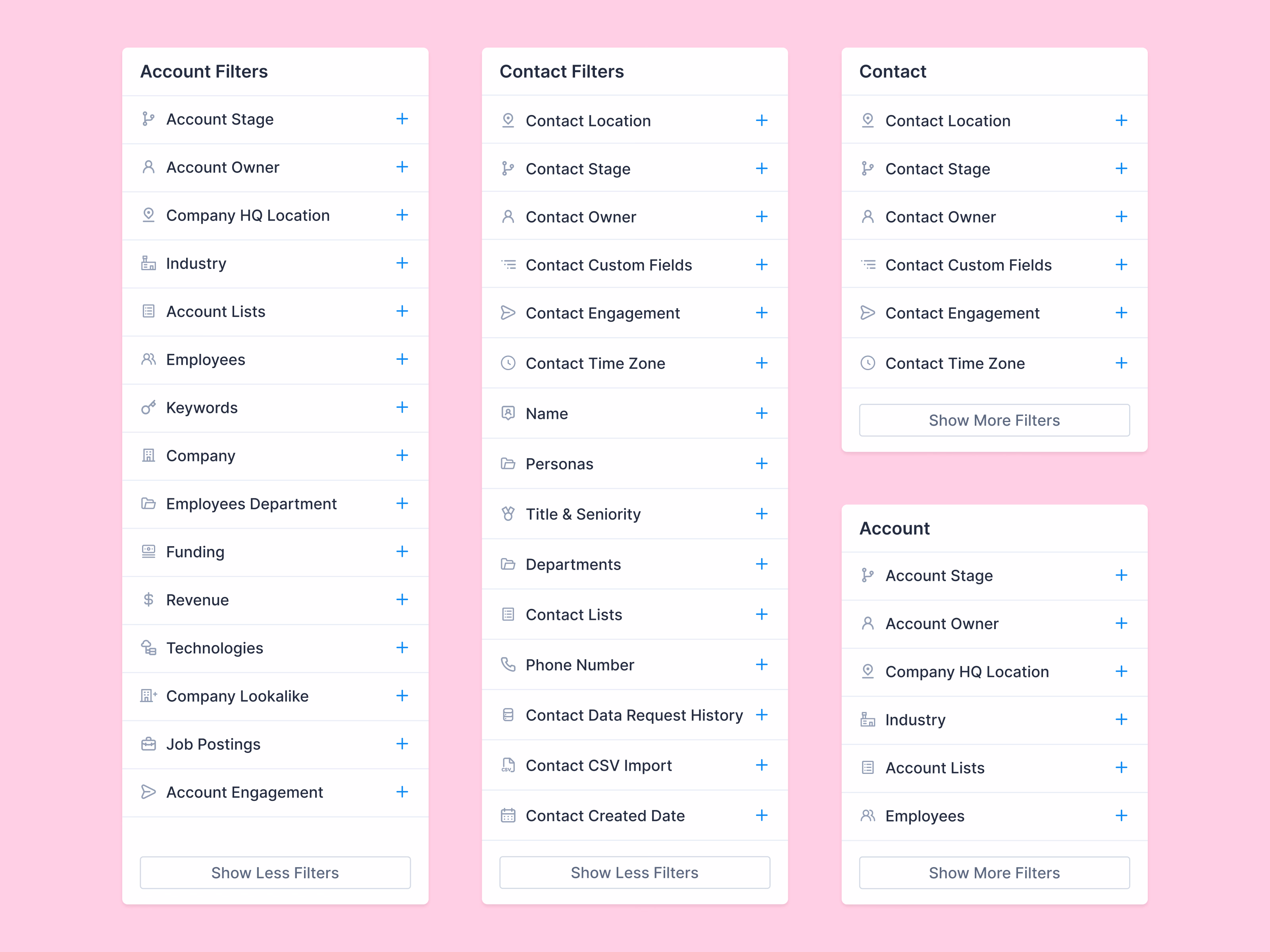 Account and contact filter lists for a prospecting search