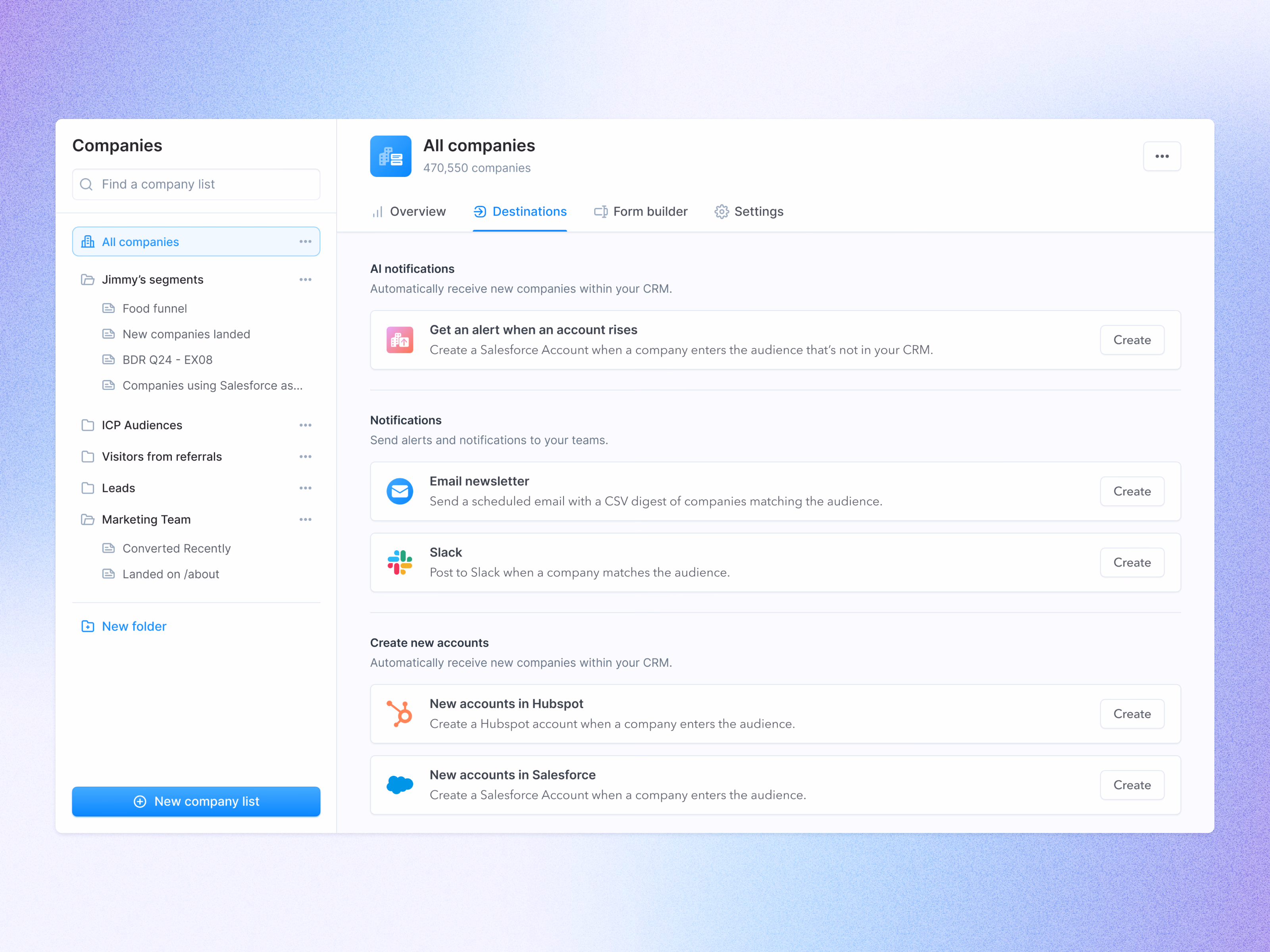 Company list destinations setup in a B2B sales tool