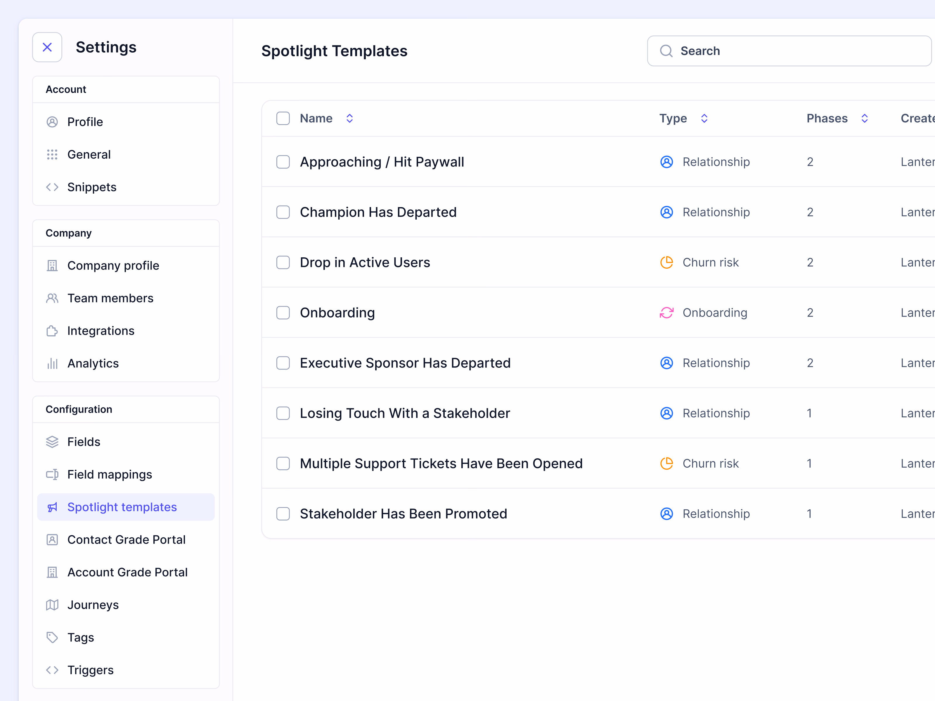 Settings menu with spotlight templates in Lantern's AI CRM