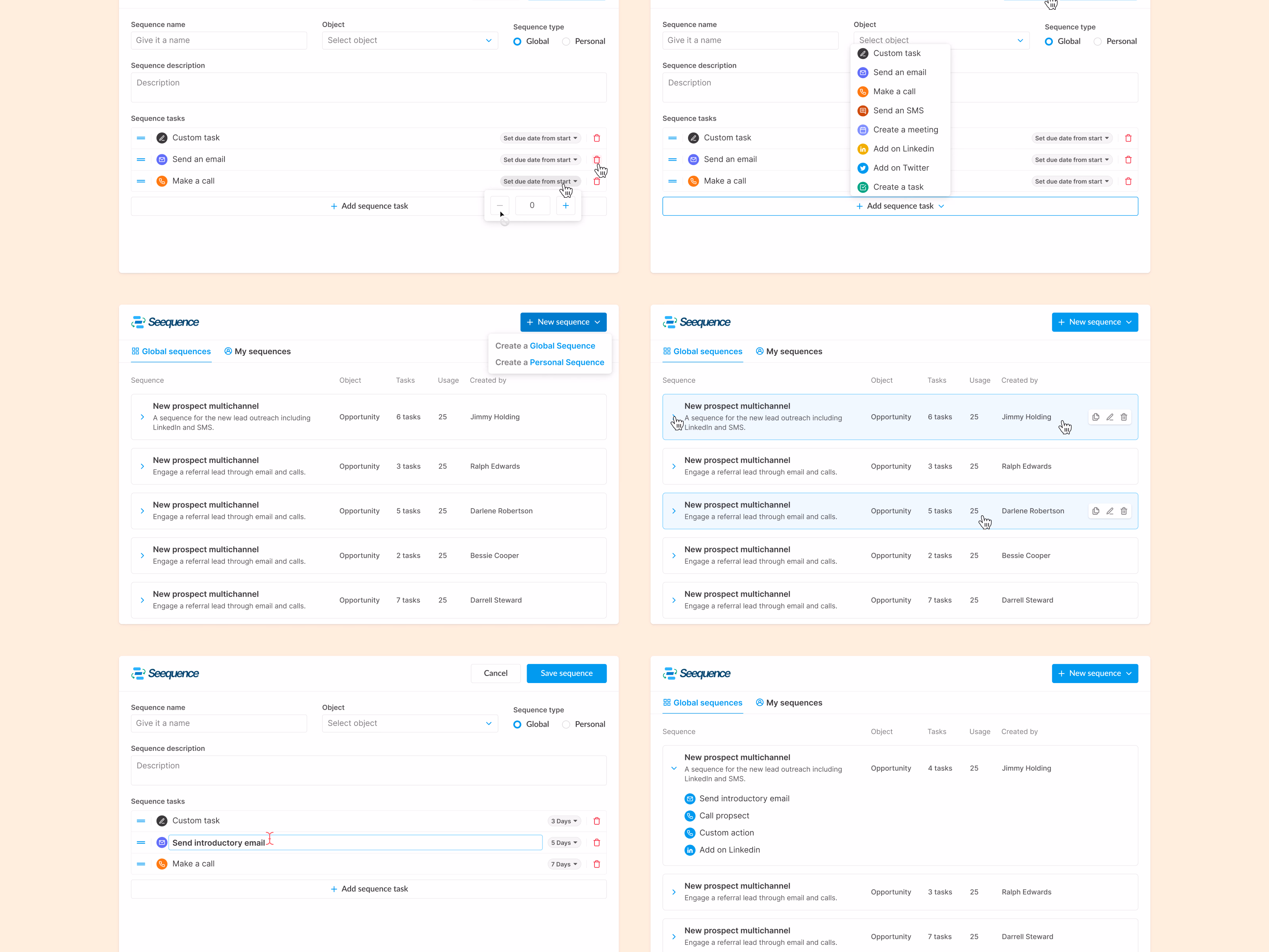 Sales sequence settings panel for Seequence