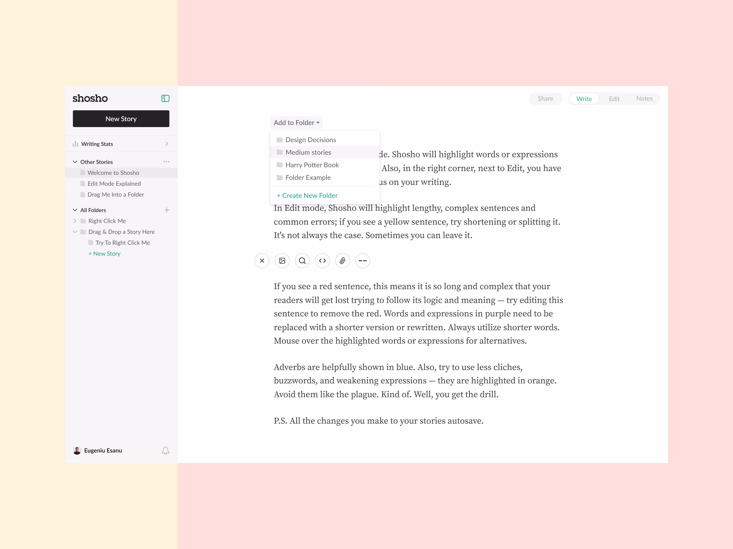 Add to folder menu in the Shosho writing app
