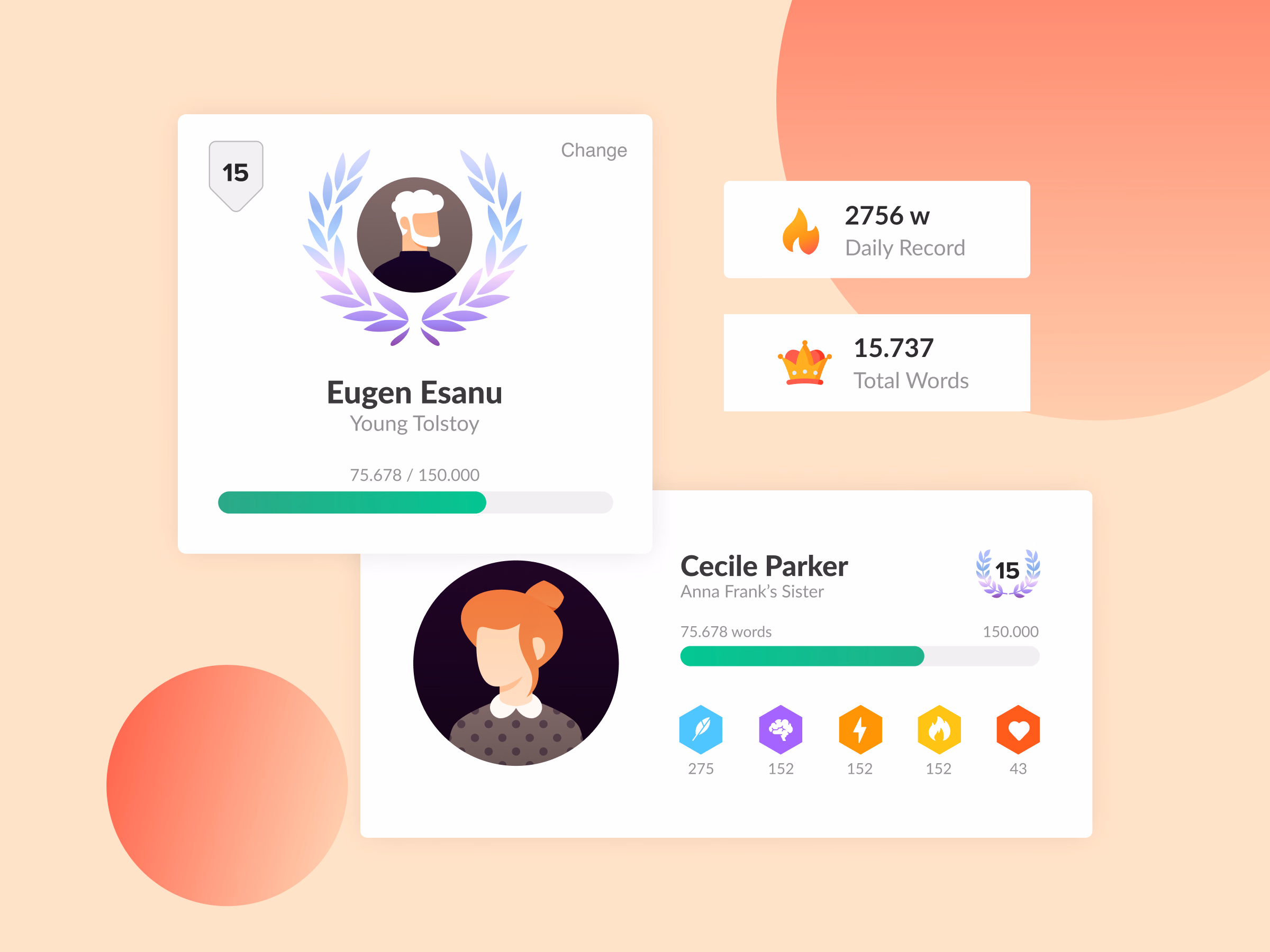 Gamified writer profile early iteration for Shosho