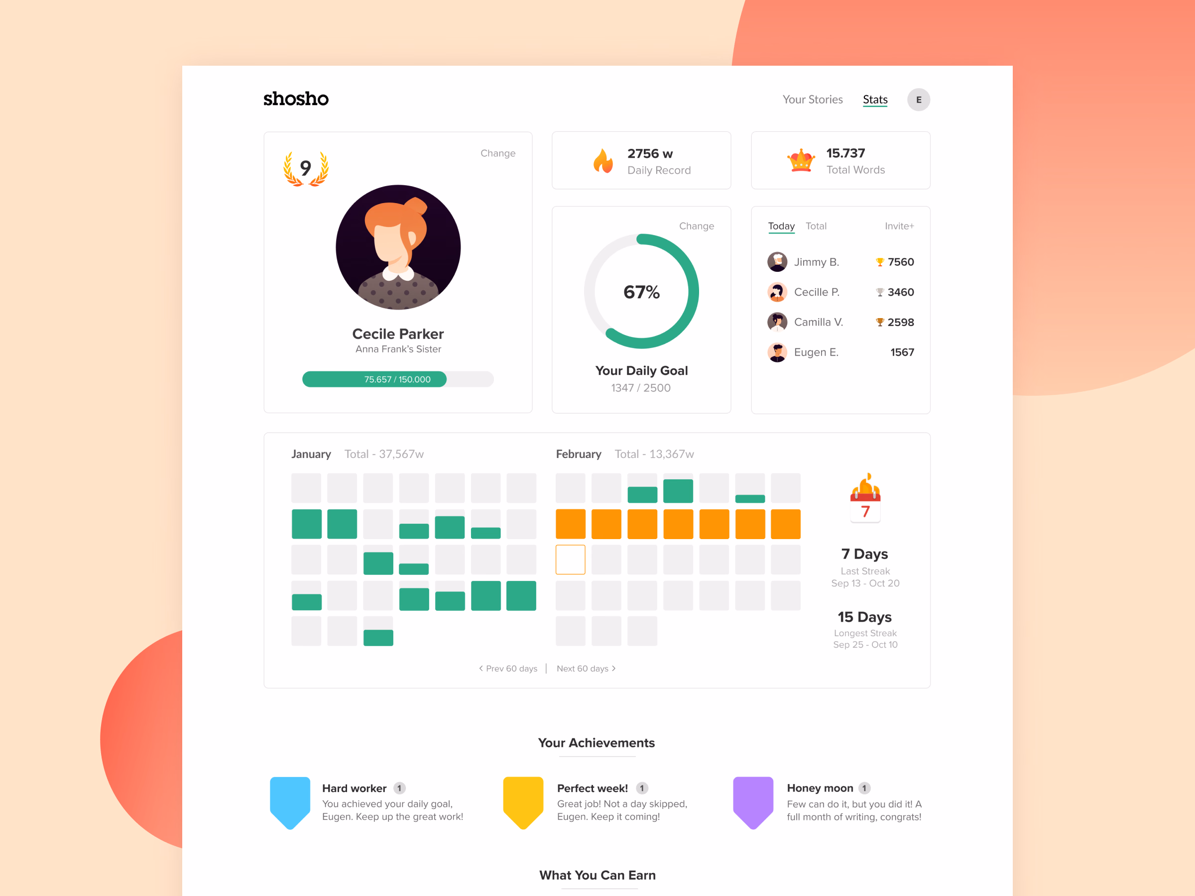 Unused writing stats dashboard concept for Shosho