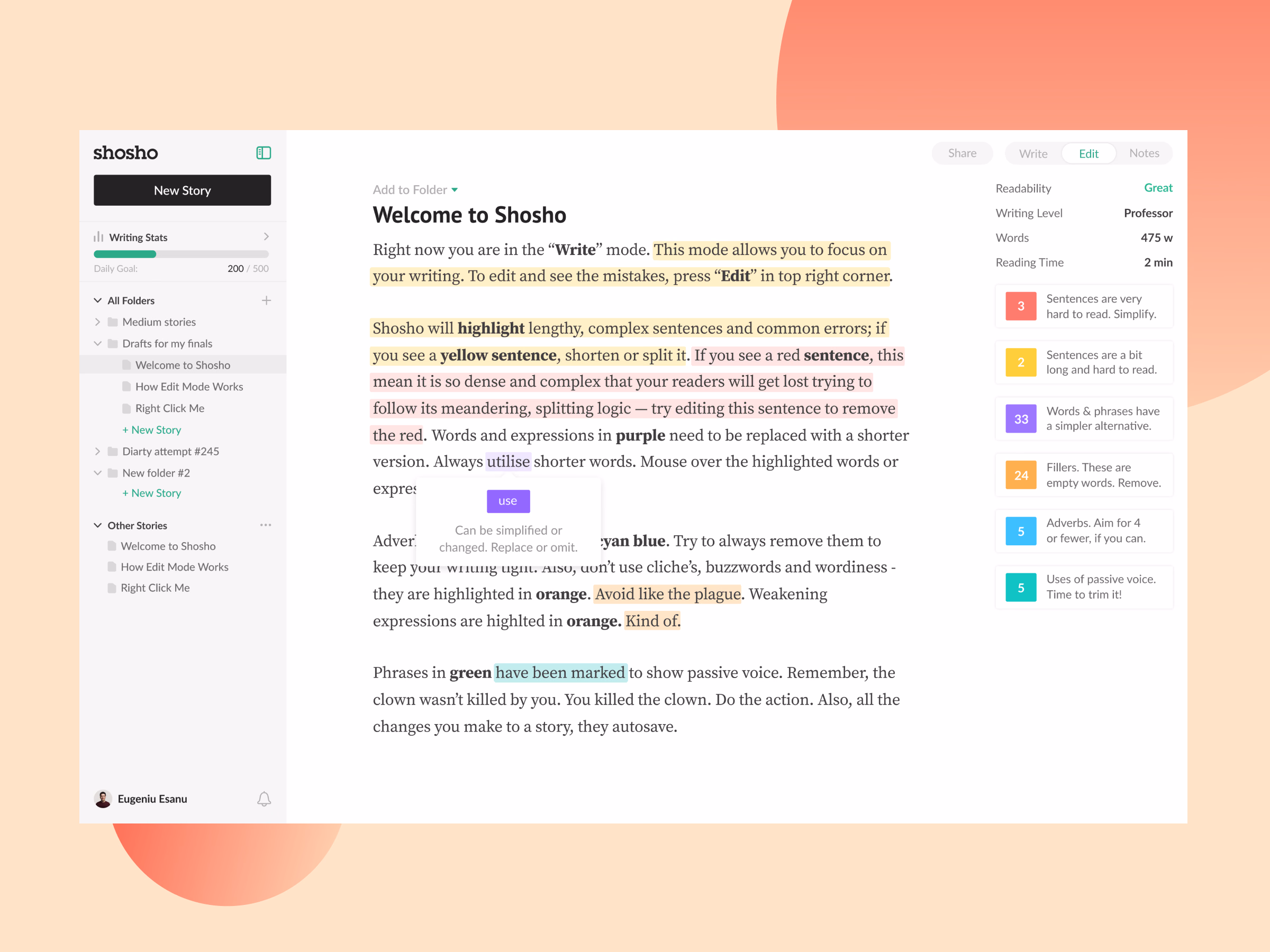 Edit mode with readability highlights in Shosho
