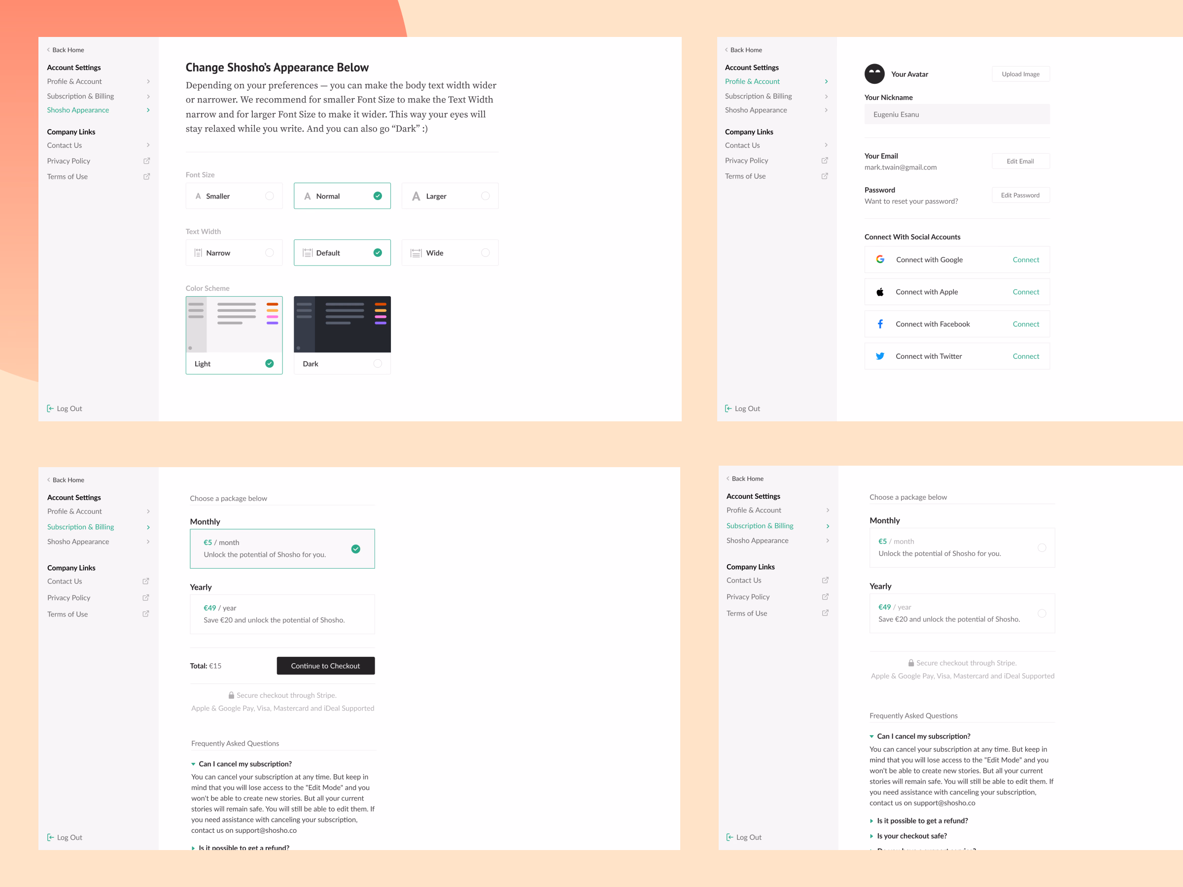 Account, appearance and billing settings for Shosho