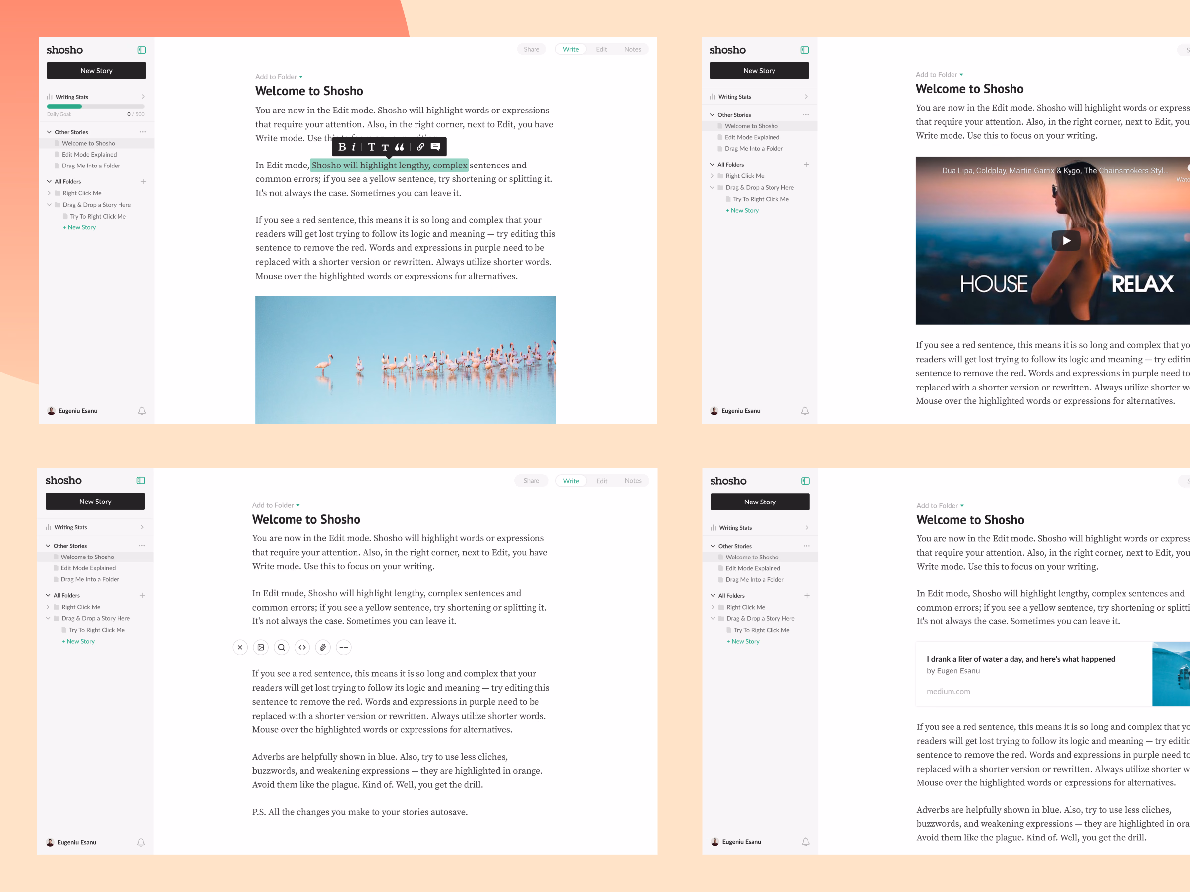 Editor embeds exploration for the Shosho writing app
