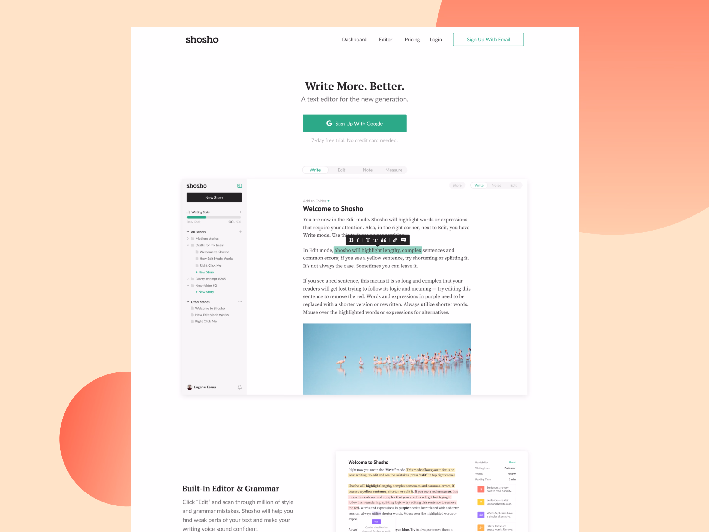 Unreleased homepage for the Shosho text editor