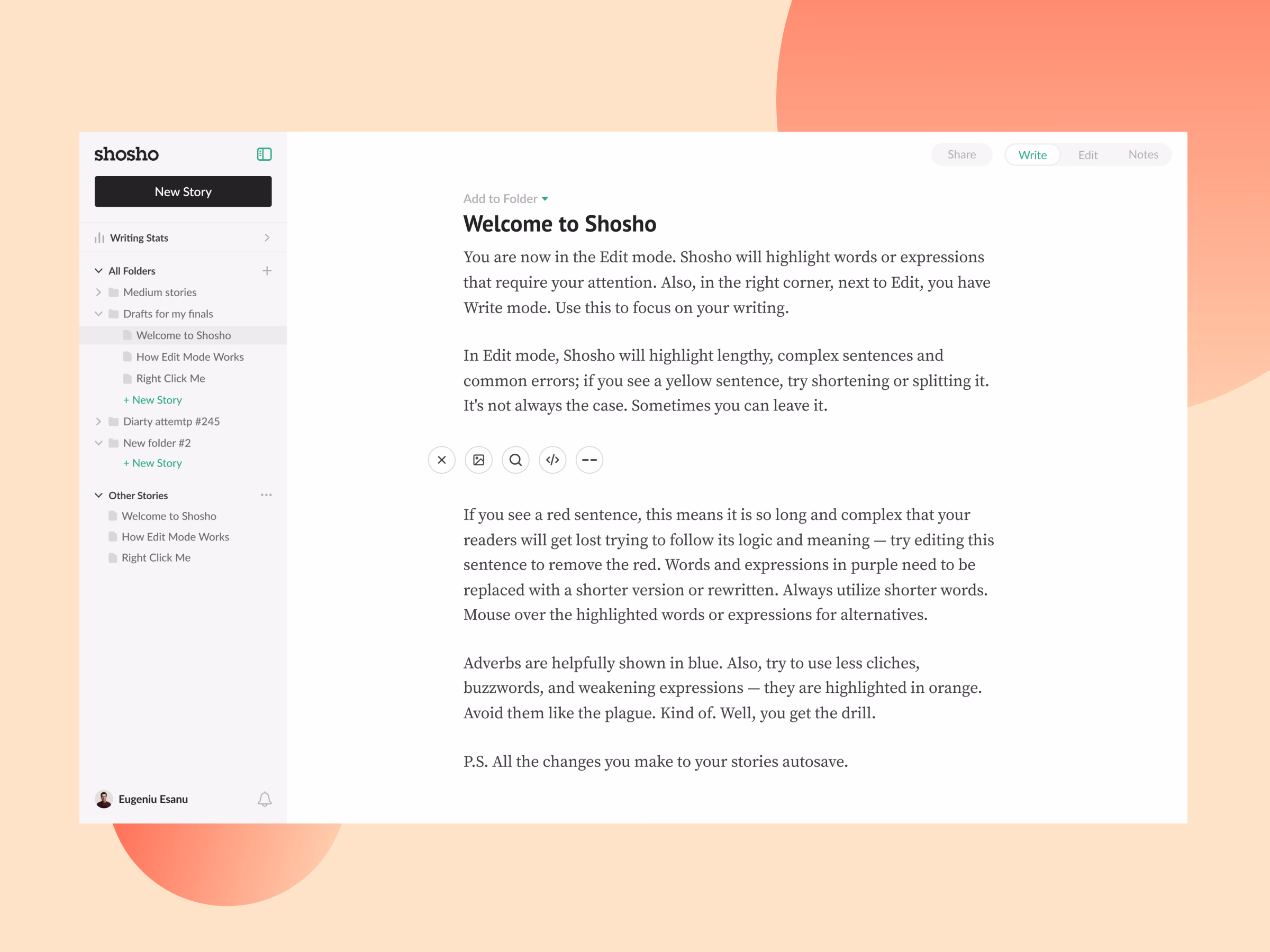 Shosho editor in write mode with a folders sidebar