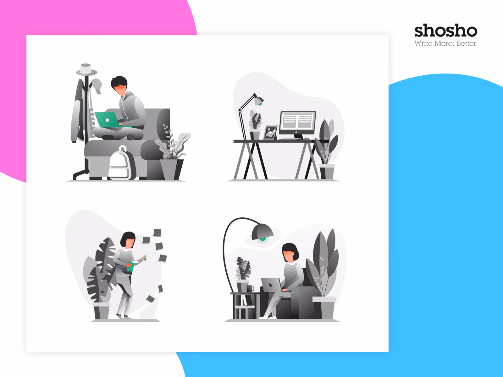 Product illustrations for the Shosho writing app