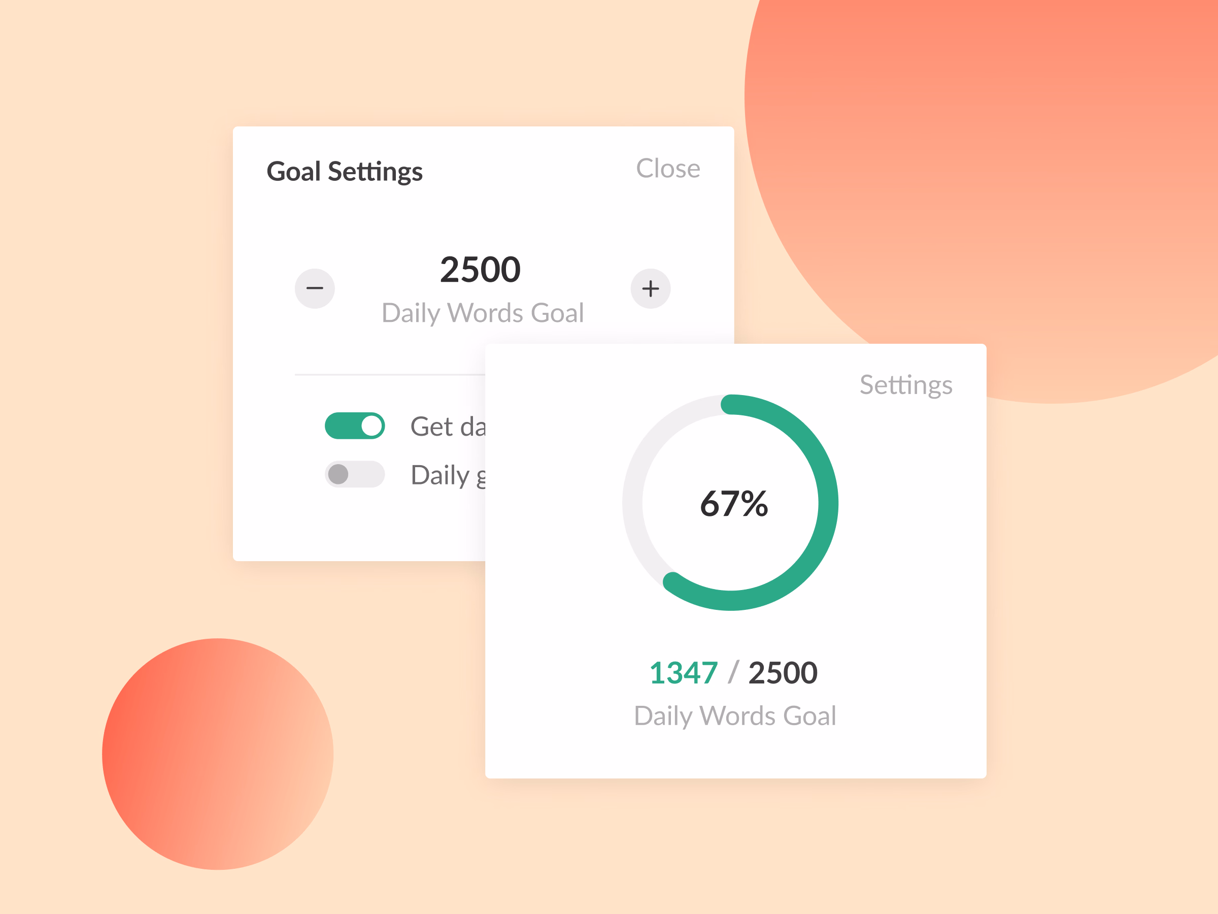Daily word goal ring and settings widget for Shosho