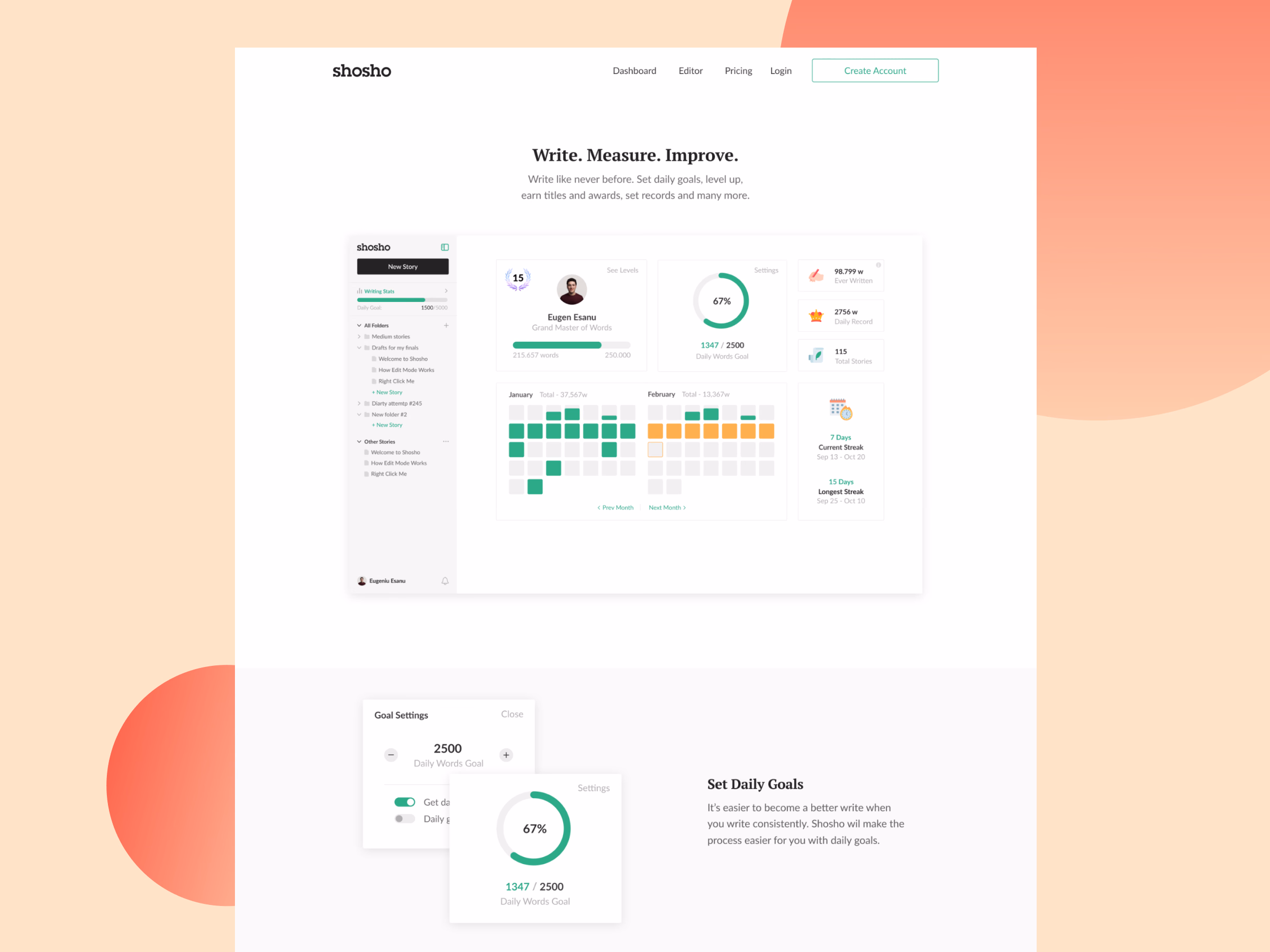Writing stats section of the Shosho website