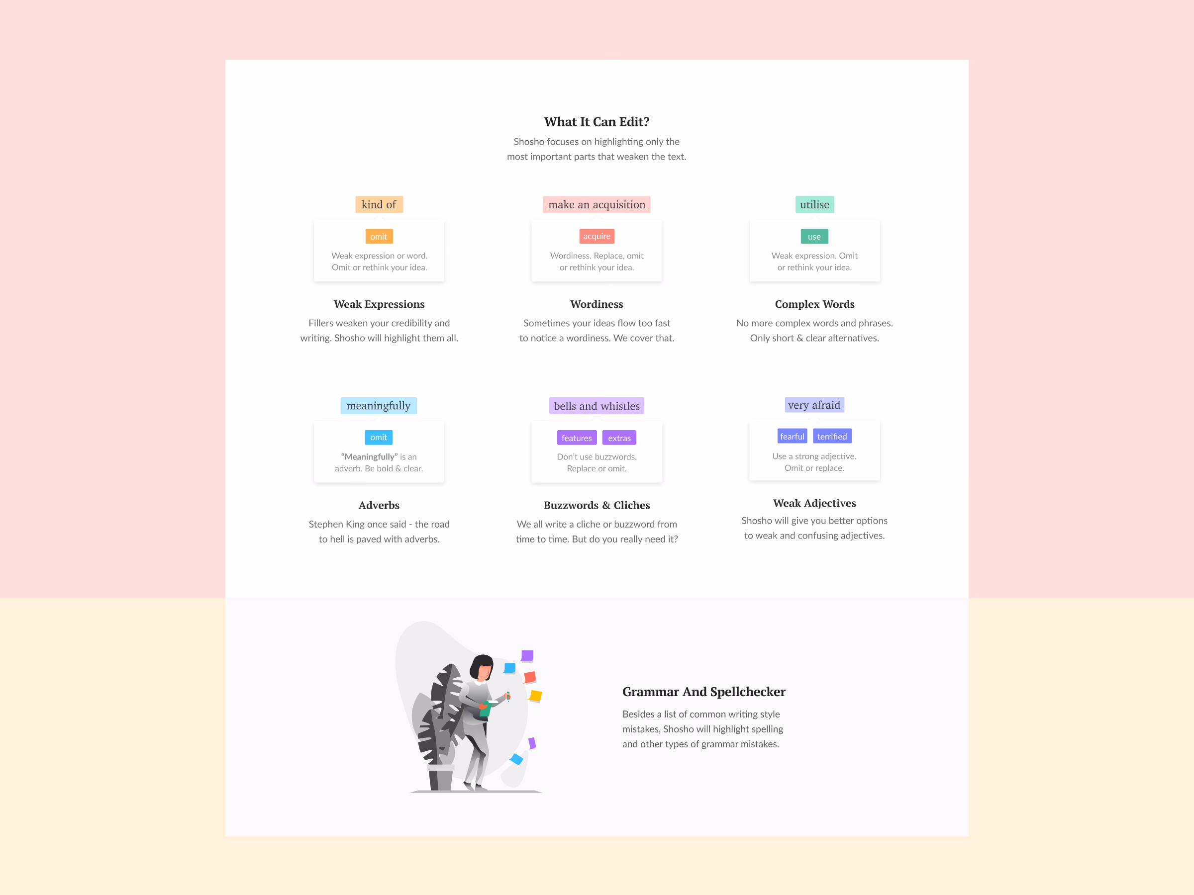 Writing suggestion examples on Shosho's Edit page